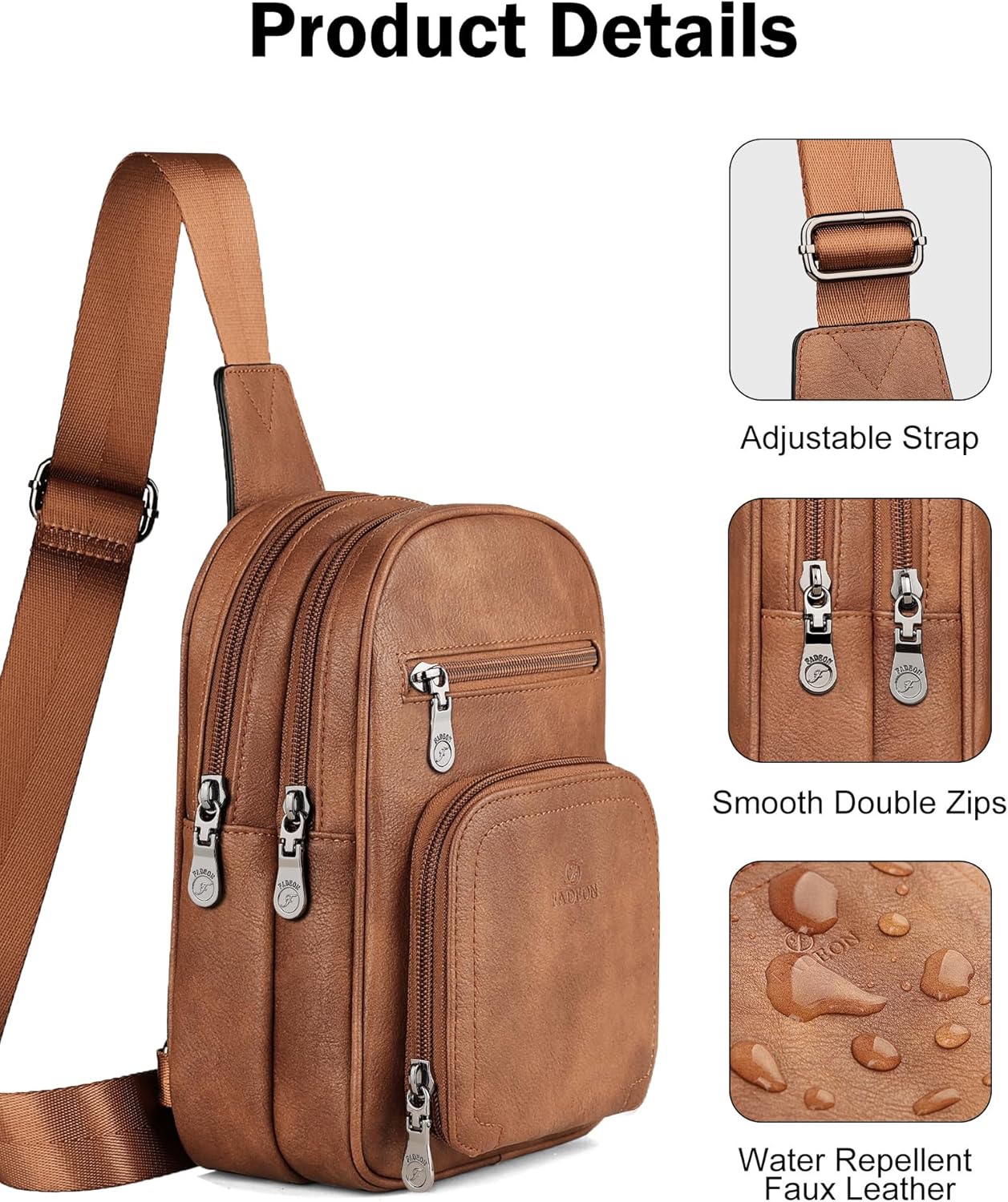 FADEON Sling Bags for Women Crossbody Bags, Designer PU Leather Sling Purse Multi-Pocket Packs with Card Slot Purse Brown - Image 4