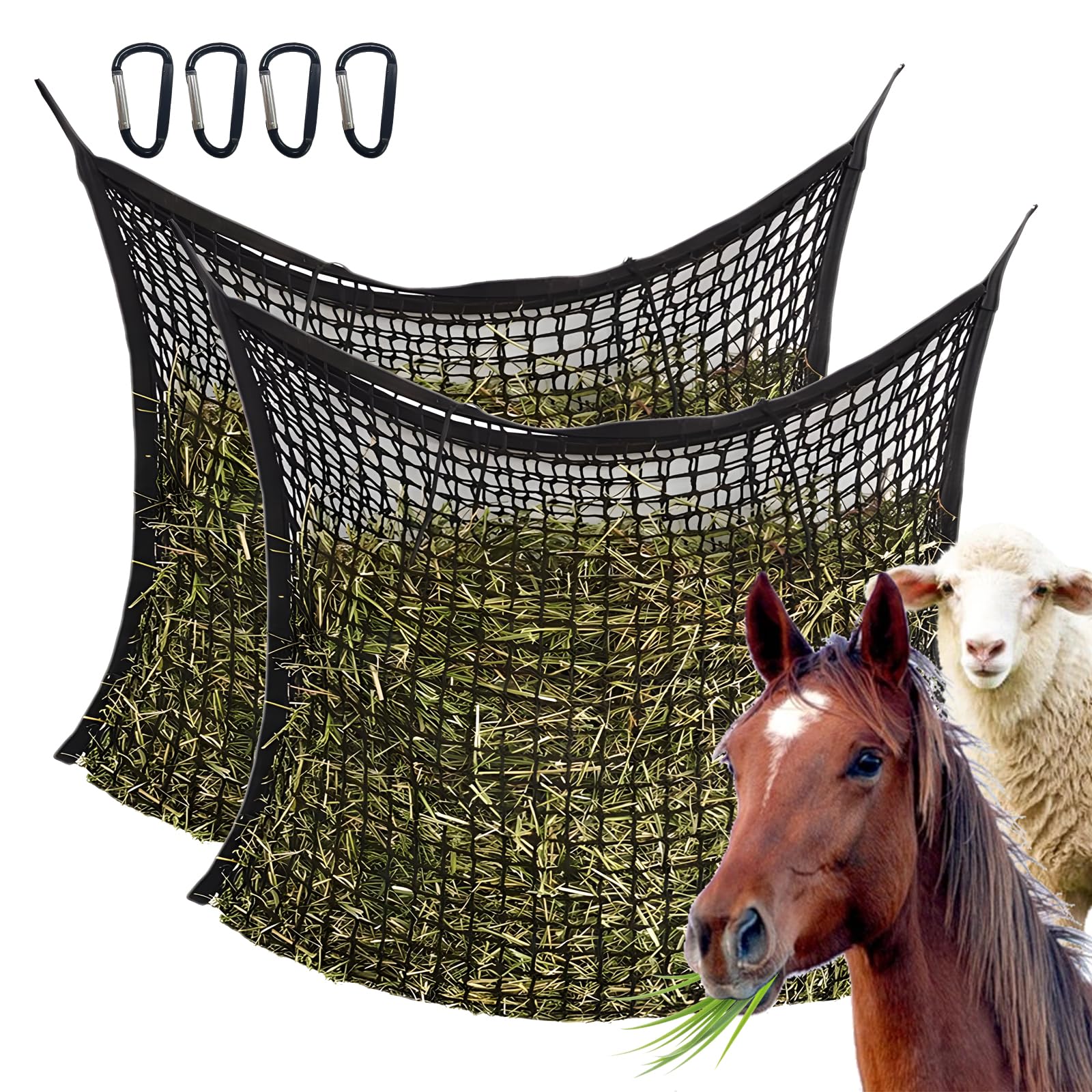 2 Reti Rete per Fieno Cavalli, Dimensioni 90 X 80 cm, 4,5 X 4,5 cm Rete per Retes da Fieno per Cavalli Grande, capacità: 6 kg, Riduce Lo Spreco di Foraggio nei Sacchi di Mangime (Nero)