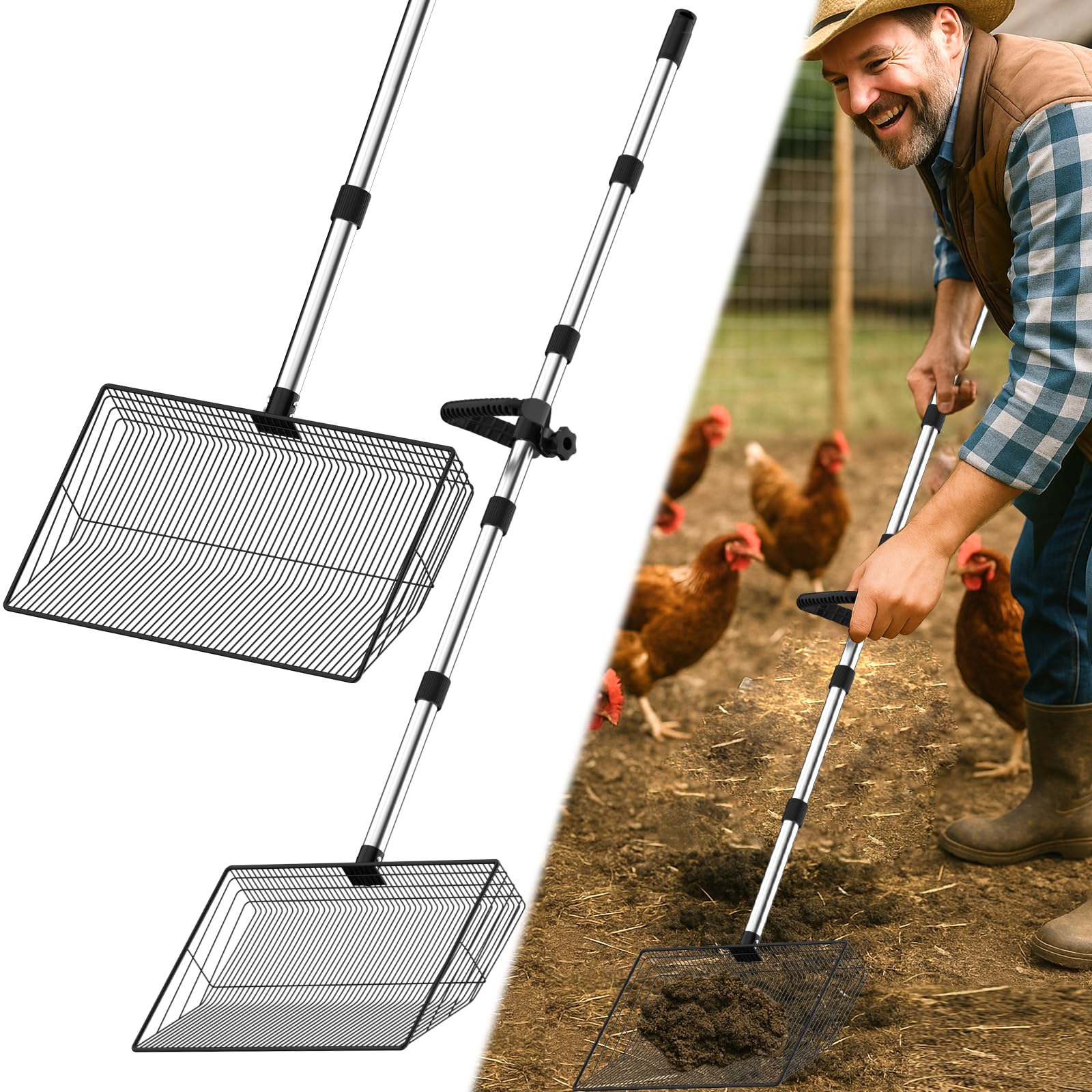 Hühnerkotschaufel, Chicken Poop Scooper, Einstellbare Hühnerschaufel für die Reinigung, Hühnerstall Reinigungswerkzeuge, Siebschaufel für Hühnerstall Trennung (L)