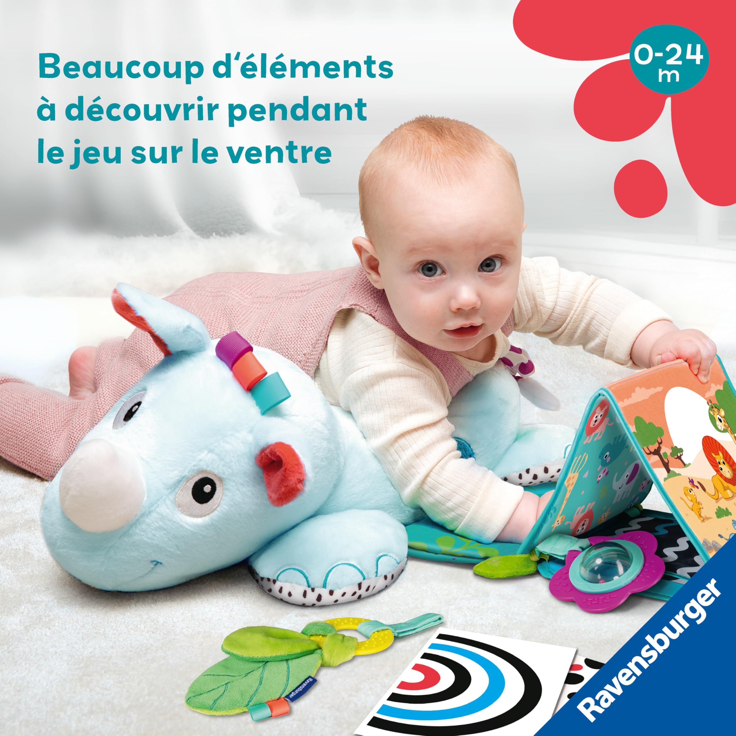 Ravensburger Play+, cuscino sportivo 3 in 1 a forma di Rhinoceros, ideale per allenare bambini da 0 a 6 mesi, giocattolo per imparare la prima infanzia e peluche per attività legate al parto, 34010