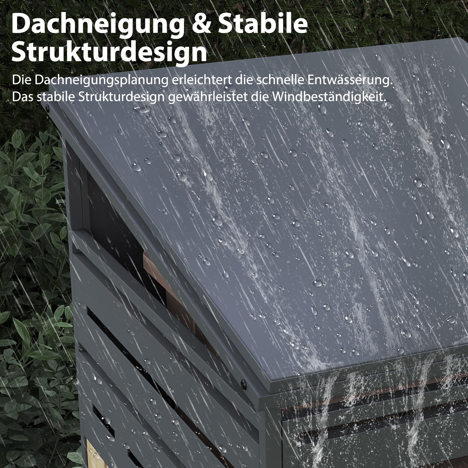 Mülltonnenbox für 3 Mülltonnen von 120-240 Litern, aus verzinktem Stahl in Anthrazit, abschließbare Gartenbox, Tonnenhaus, Müllbox mit schrägem Dach.