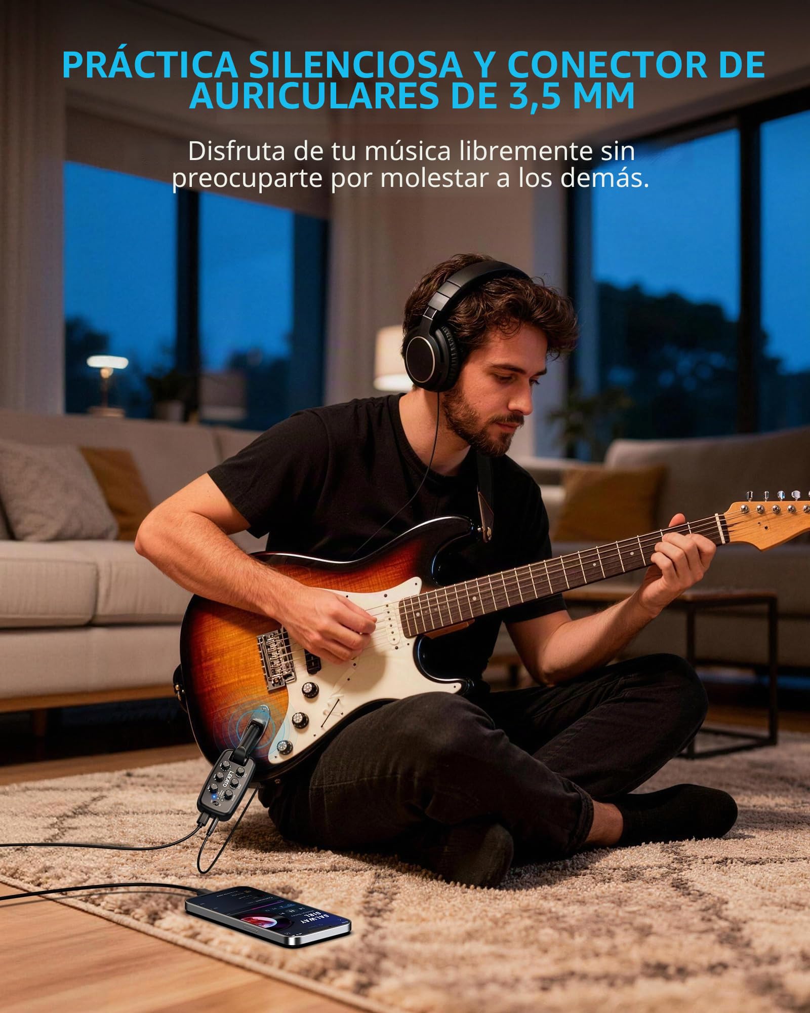 LEKATO Amplificador de auriculares para guitarra, amplificador de práctica portátil enchufable para guitarra eléctrica y bajo, 9 modelos de amplificador y 6 efectos, Bluetooth 5.0, enchufe giratorio