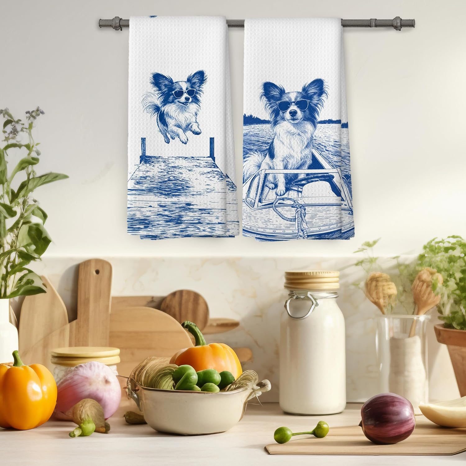 Lake House Decor Papillon Kitchen Towels Set of 2, Summer Funny Lake Dog Coastal Bathroom Hand Towel, Dog Lover Gifts Tea Towel Dish Towels 16x24 Inch - Image 4