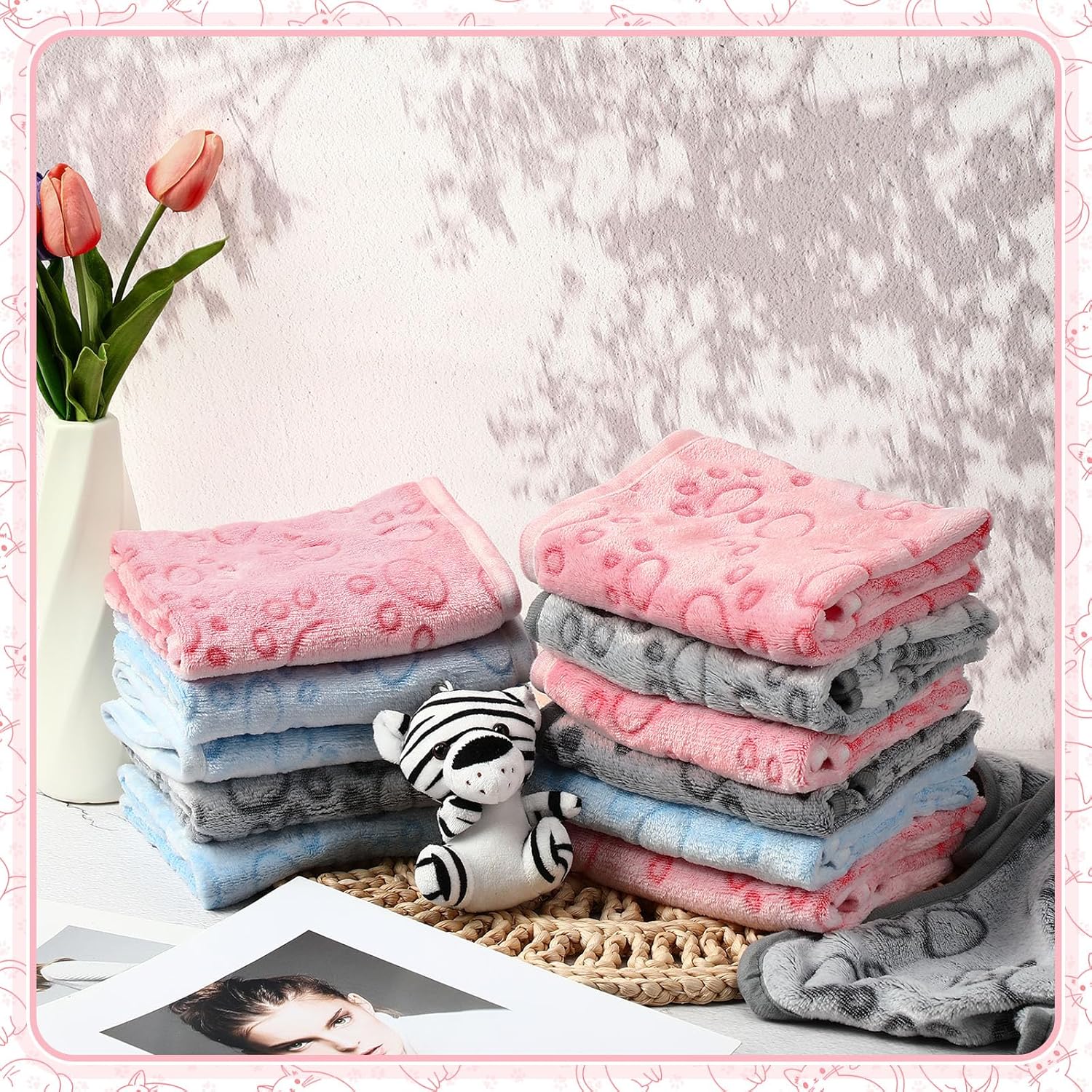 Tegeme 12 Pcs Pet Blankets Soft Fluffy Fleece Dog Cat Warm Paw Print Pattern Blankets Flannel Throw for Pets Dog Puppy Cat(23 x 16 Inch,Multicolor) - Image 4