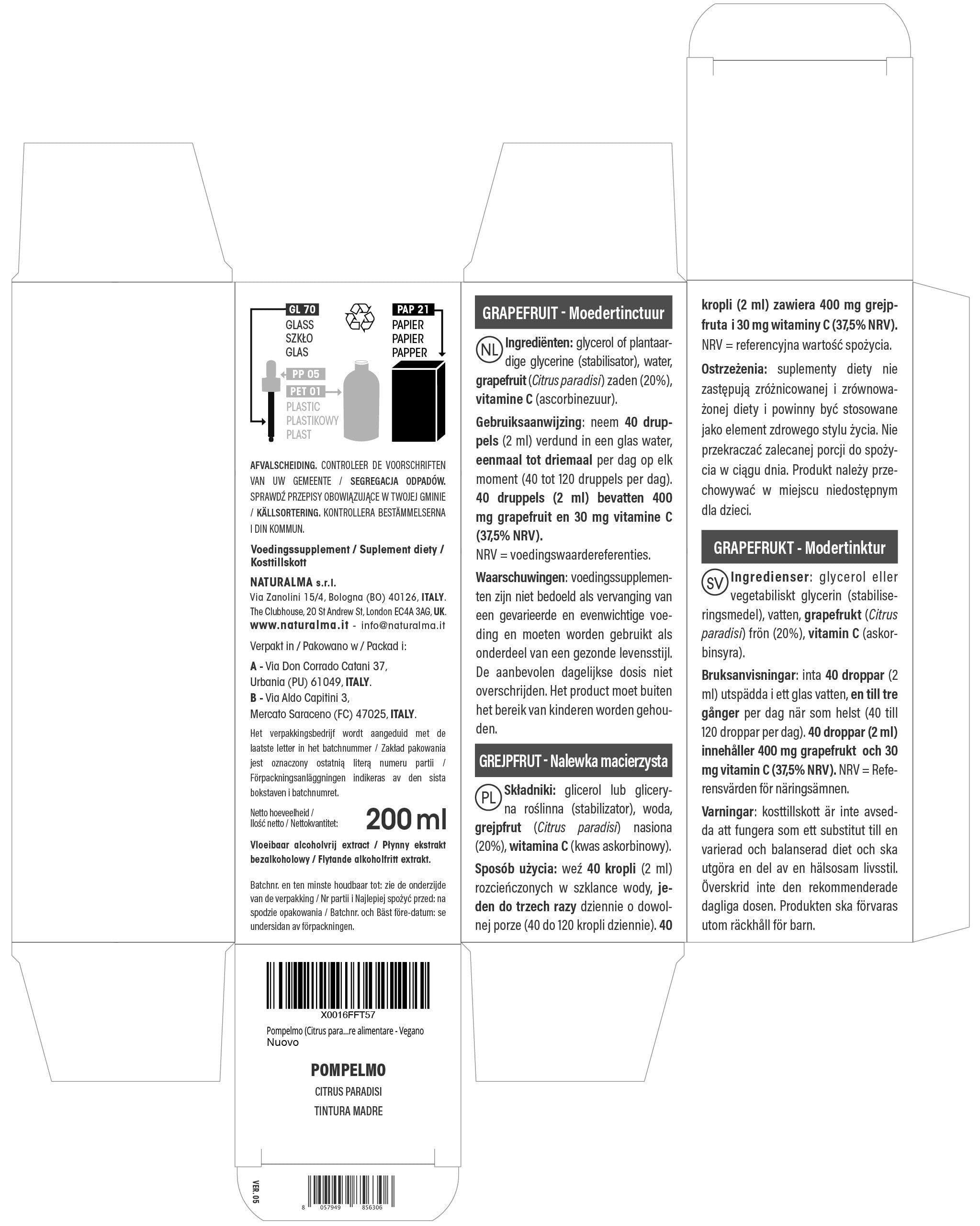 Pamplemousse (Citrus paradisi) pépins Teinture Mère sans alcool Naturalma -Riche en vitamine C - Extrait liquide gouttes 200 ml - Complément alimentaire - Végétalien ou végan