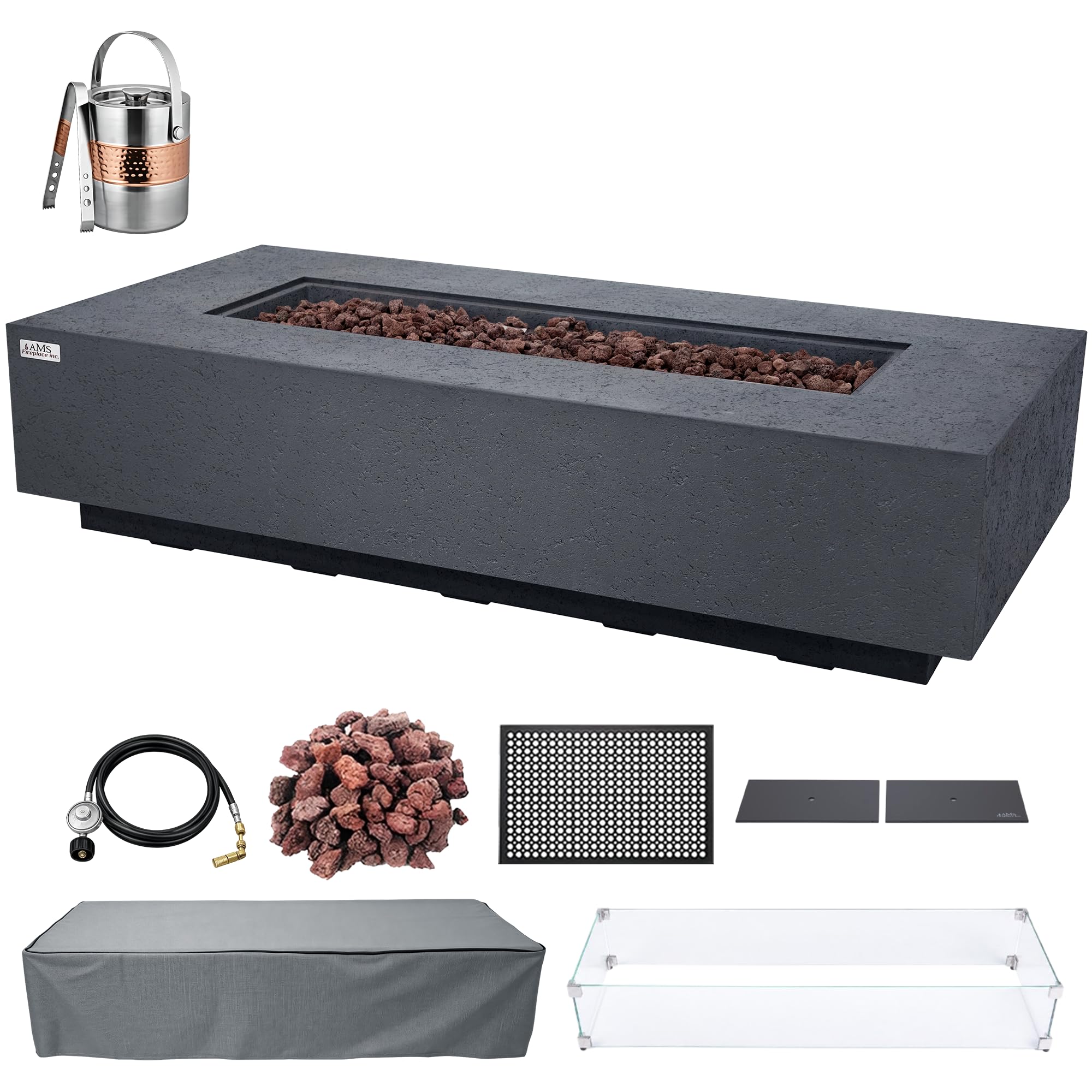 AMS 72" Rectangular Concrete Natural Gas Fire Pit Table Bundle - Dark Gray