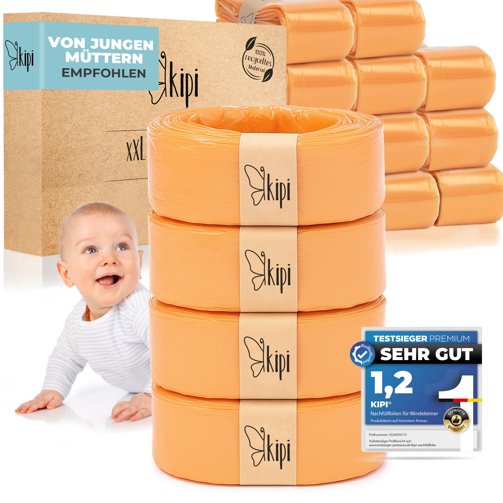 Kipi XXL Nachfüllfolie für Windeleimer - 4 Stück Nachfüllkassetten für Runde und Achteckige Modelle, extrem ergiebig, geruchsdicht