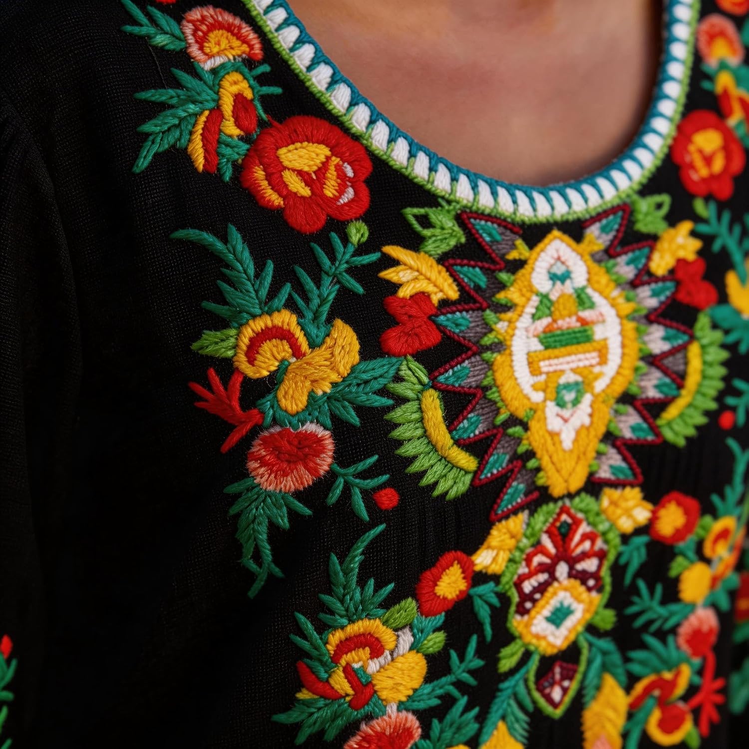 3/4 Sleeve Floral Embroidered Peasant Top for Women Plus Size Mexican Boho Blouse, Casual Vacation Tunic, Soft Cotton