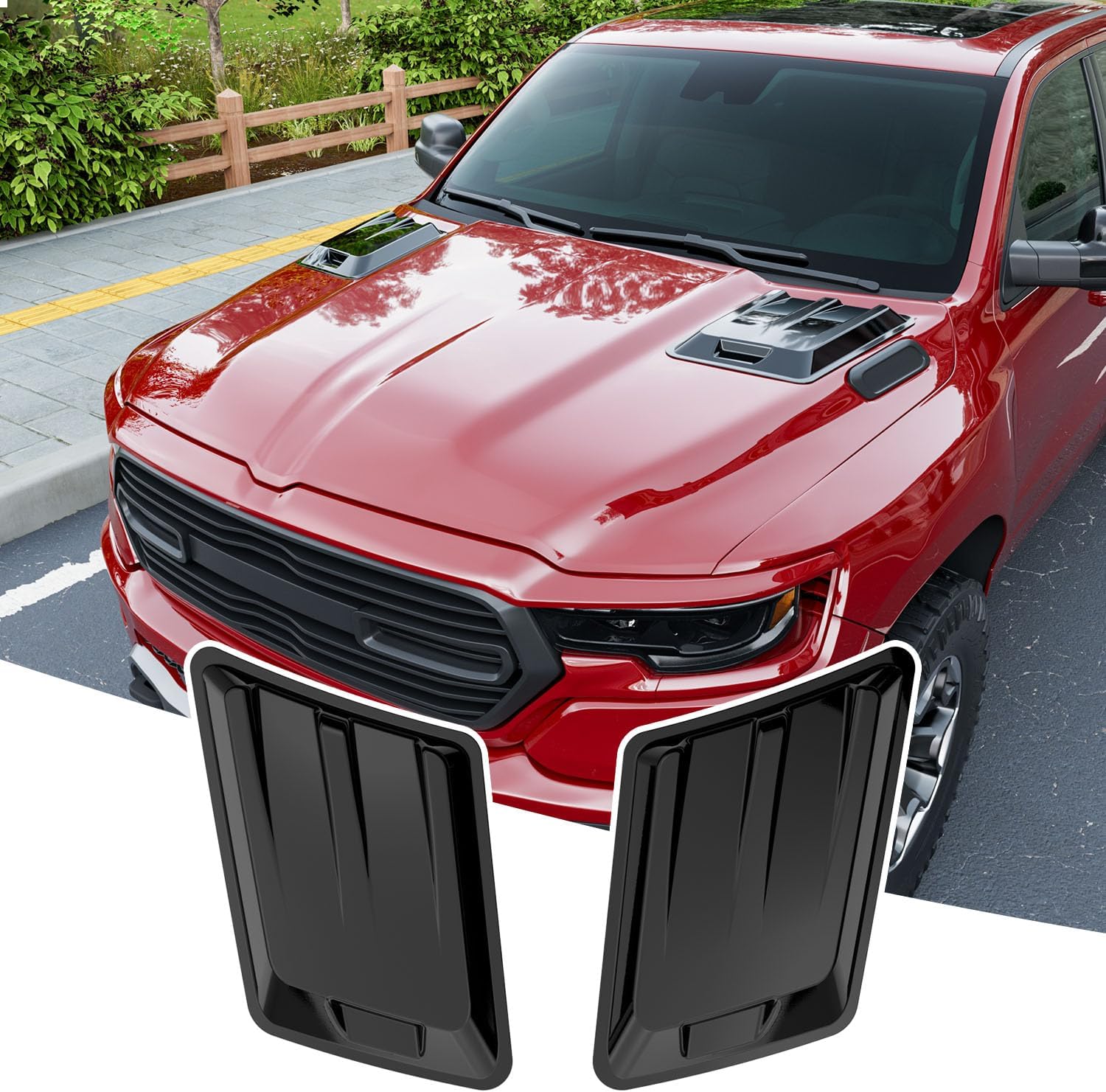2PCS Hood Air Vent Trim Covers Compatible with 2019-2025 Dodge Ram 1500 Bonnet Air Vent (No TRX RHO) Glossy Black Engine Hood Kit Replacement for 2019-2025 Dodge Ram 1500 Accessories