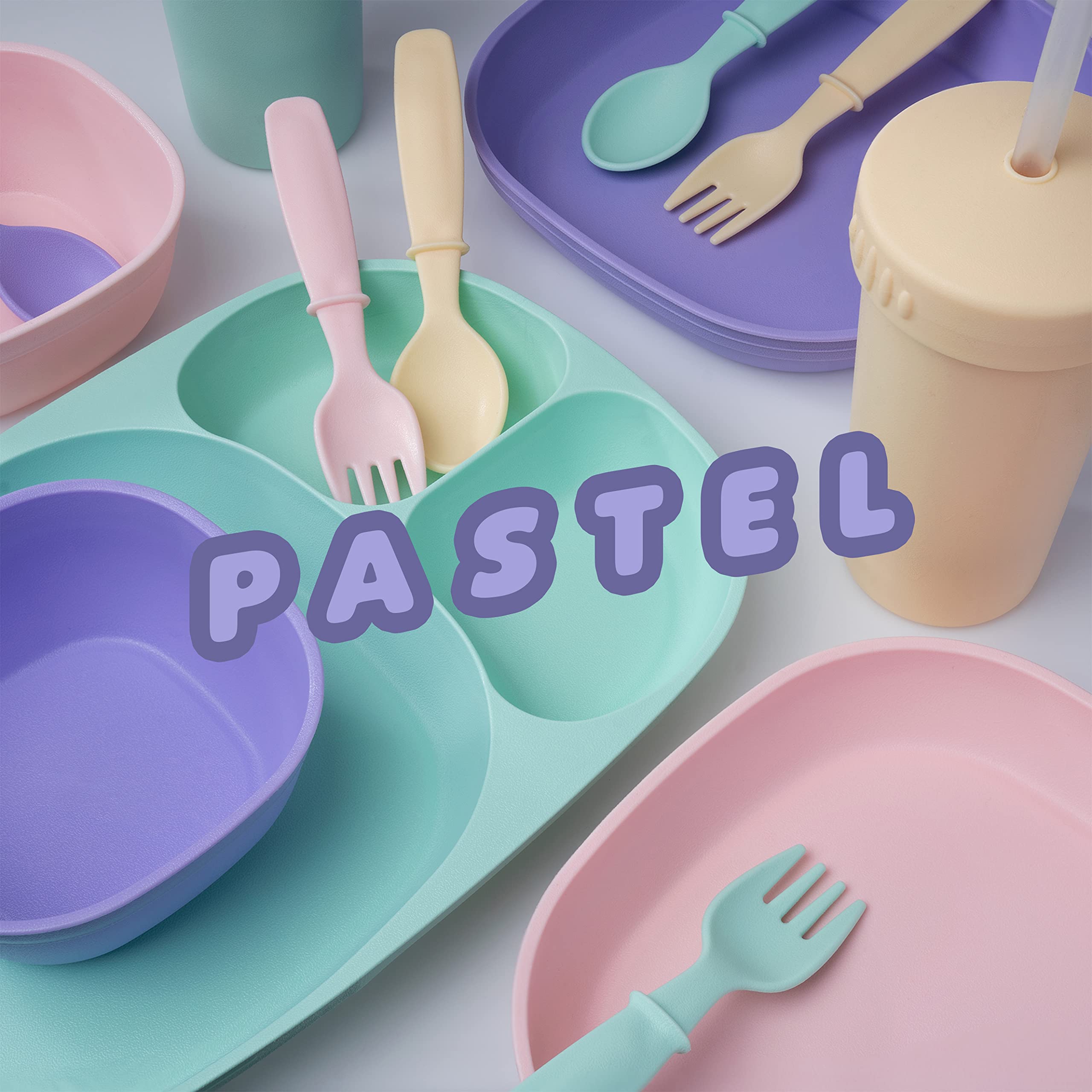 MightyMoe Kidâ€™s Dinnerware Set - 28 Pieces, 4 Place Settings - Pastel Color Set - Tough Tableware for Toddlers - Made in the USA - Dishwasher and Microwave Safe - BPA Free and Shatter Resistant