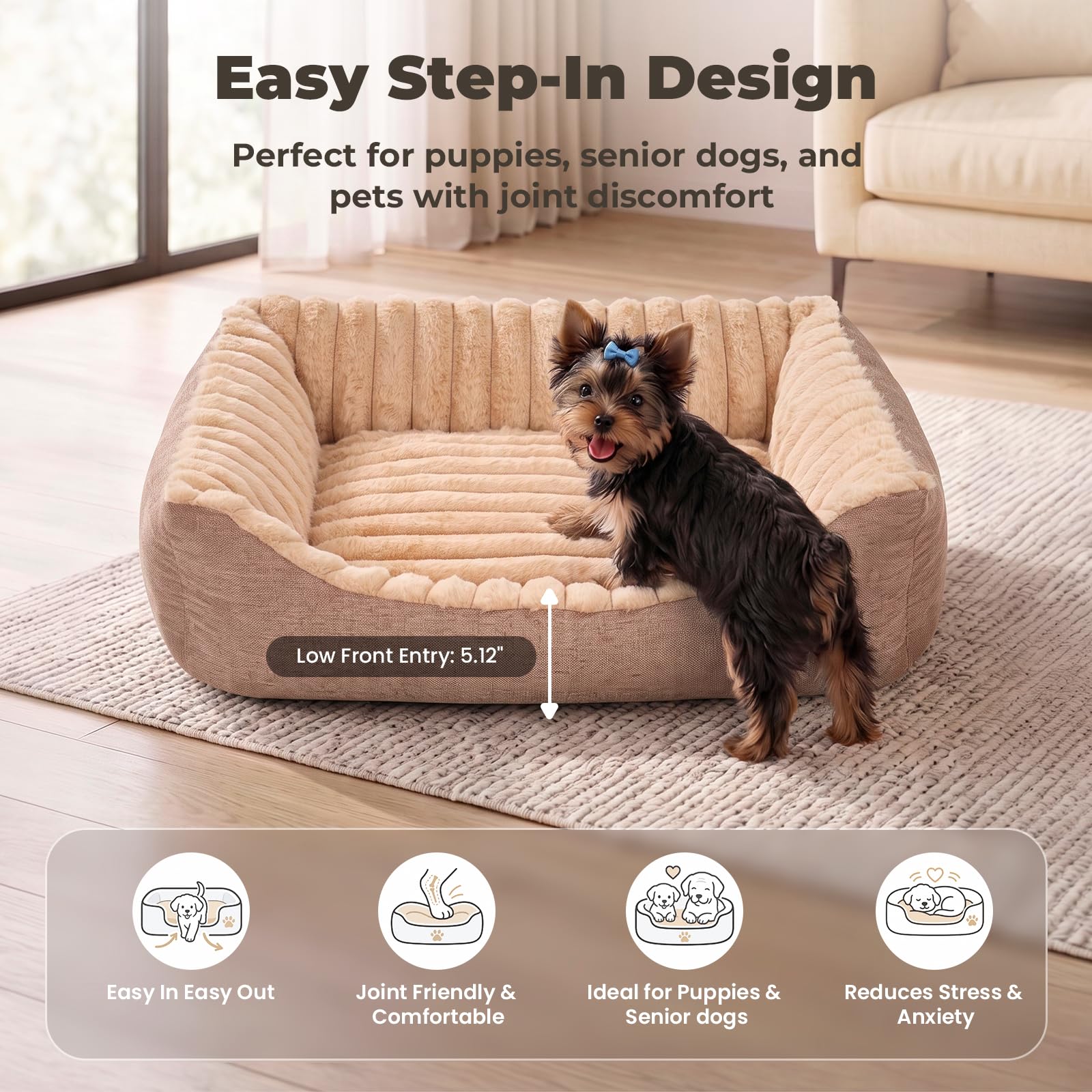 Avont Cama Mullida para Perros y Gatos Pequeños y Medianos – Espuma de Alta Elasticidad con Funda Suave Lavable a Máquina y Base Antideslizante – Camello (L)