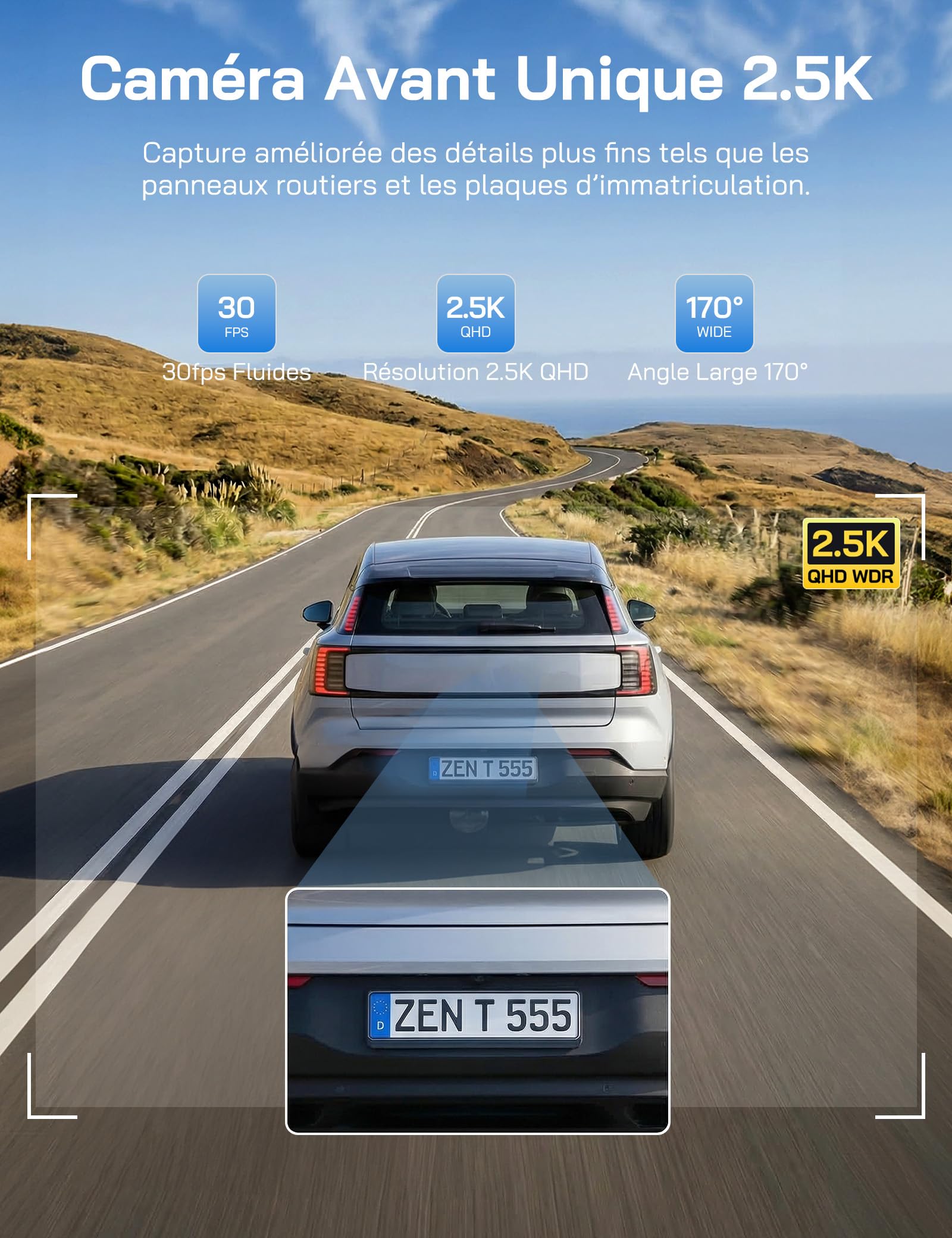 WOLFANG 2.5K Dashcam Voiture, 1440P WiFi Caméra Voiture avec App Contrôle, Mini Dash Cam Avant avec Grand Angle 170°, G-Capteur, Mode Stationnement 24H, Vision Nocturne, Enregistrement en Boucle