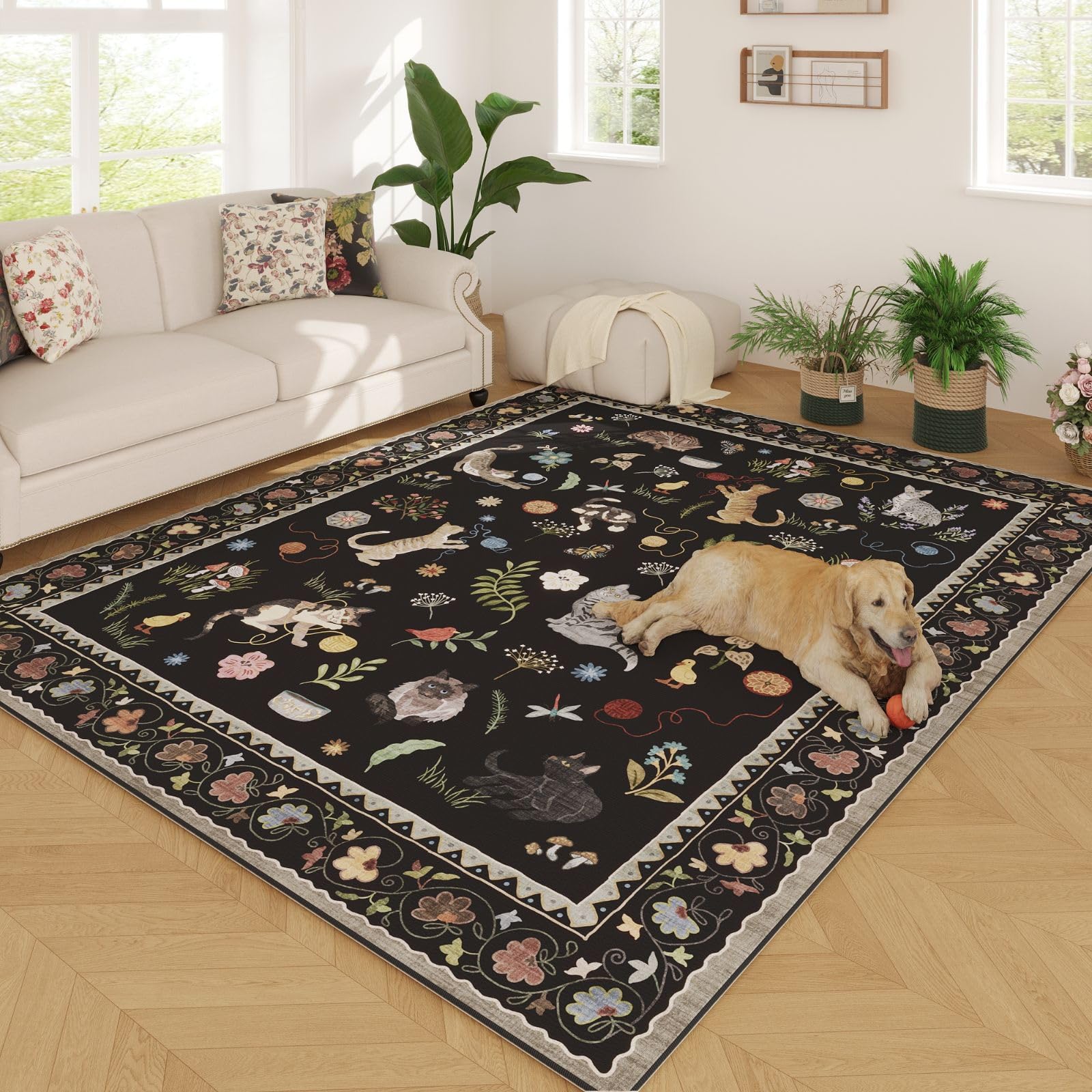 Rugcomf Area Rugs 8x10 Rug for Living Room Clearance Washable Boho Area Rug Non Slip Floral Animal Cat Vintage Low Pile Large Rug for Living Room Bedroom Farmhouse Dining Room Kids Playroom, Black — image 1