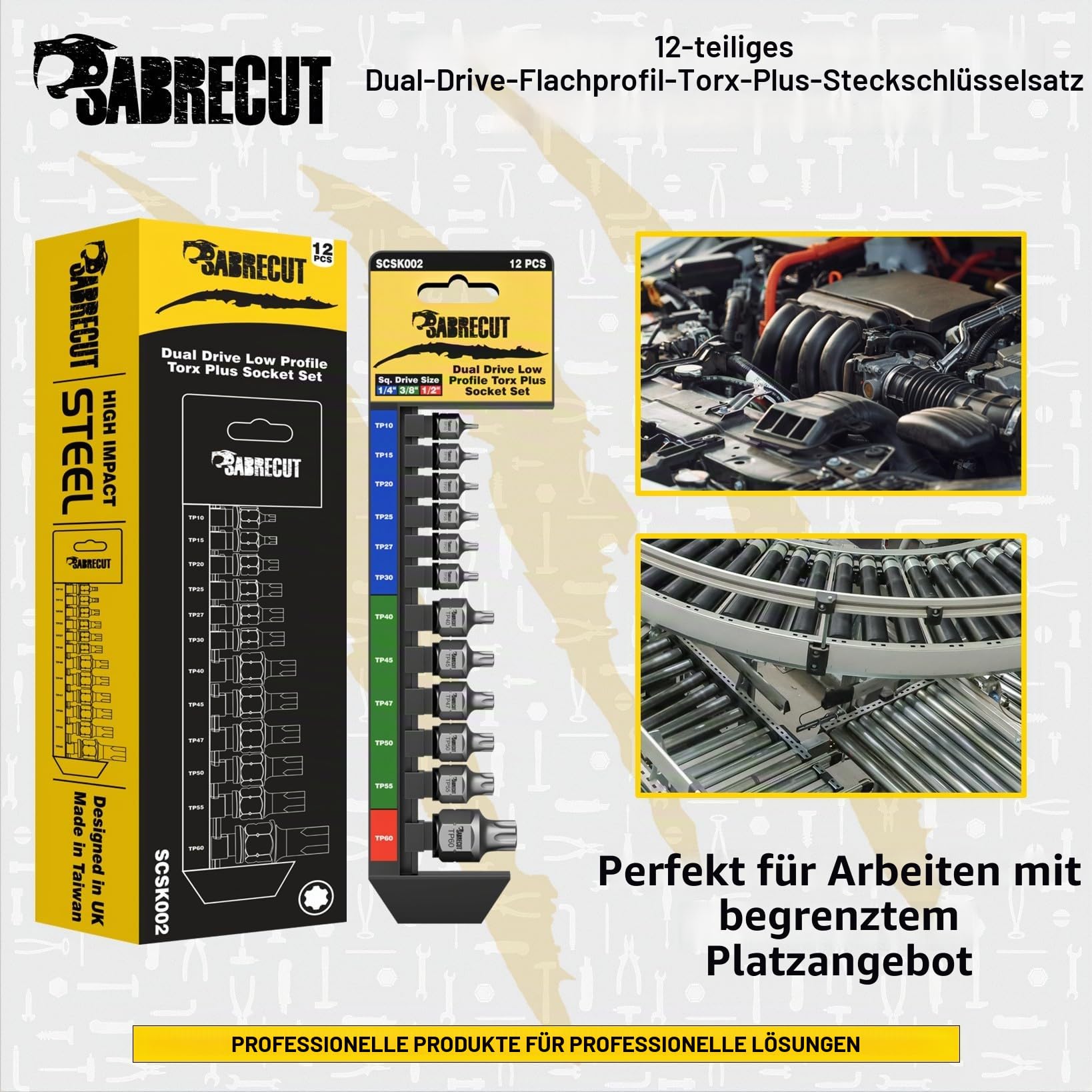 SabreCut 12pcs SCSK002 1/4" 3/8" 1/2" Square Socket & Bit Set Langlebig | Drop geschmiedet, gehärtet S2 Impactfestigkeit steel bietet high torque Haltbarkeit in an ultra low profile socket design