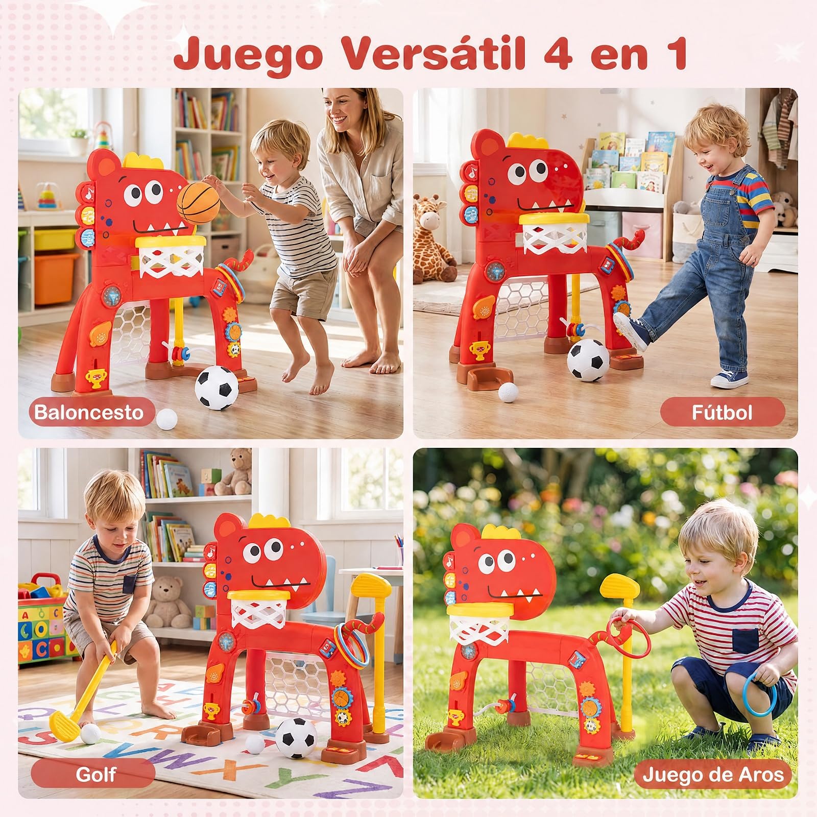COSTWAY 4 en 1 Canasta Baloncesto Infantil, Alturas Ajustables (Rojo)