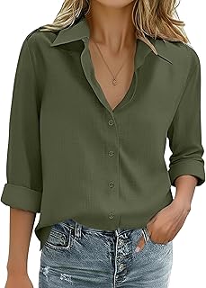 Womens Cotton Linen Button Down Shirts Loose Fit Long Sleeve Collared Bl...