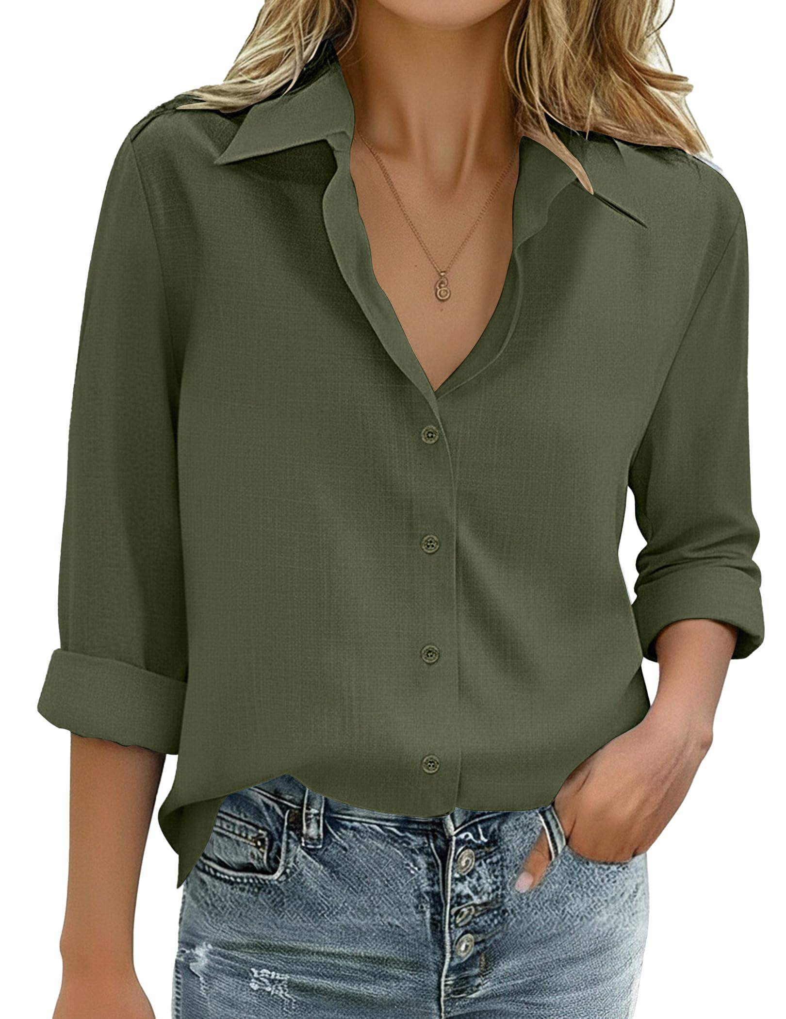 Zeagoo Womens Cotton Linen Button Down Shirts Loose Fit Long Sleeve Collared Blouse Casual V Neck Tops Outfits S-3XL — view 9