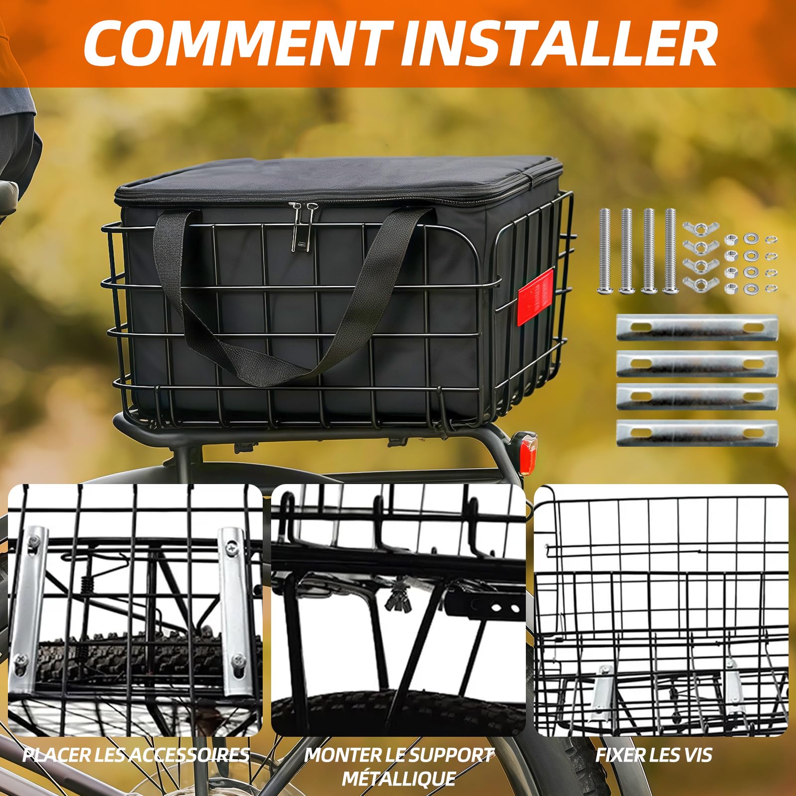Panier de vélo. Panier de vélo unisexe, montage arrière, amovible, grande capacité, adapté pour vélos électriques, VTT, vélos de ville et vélos de loisir. (Montage sur roue arrière, pliable)