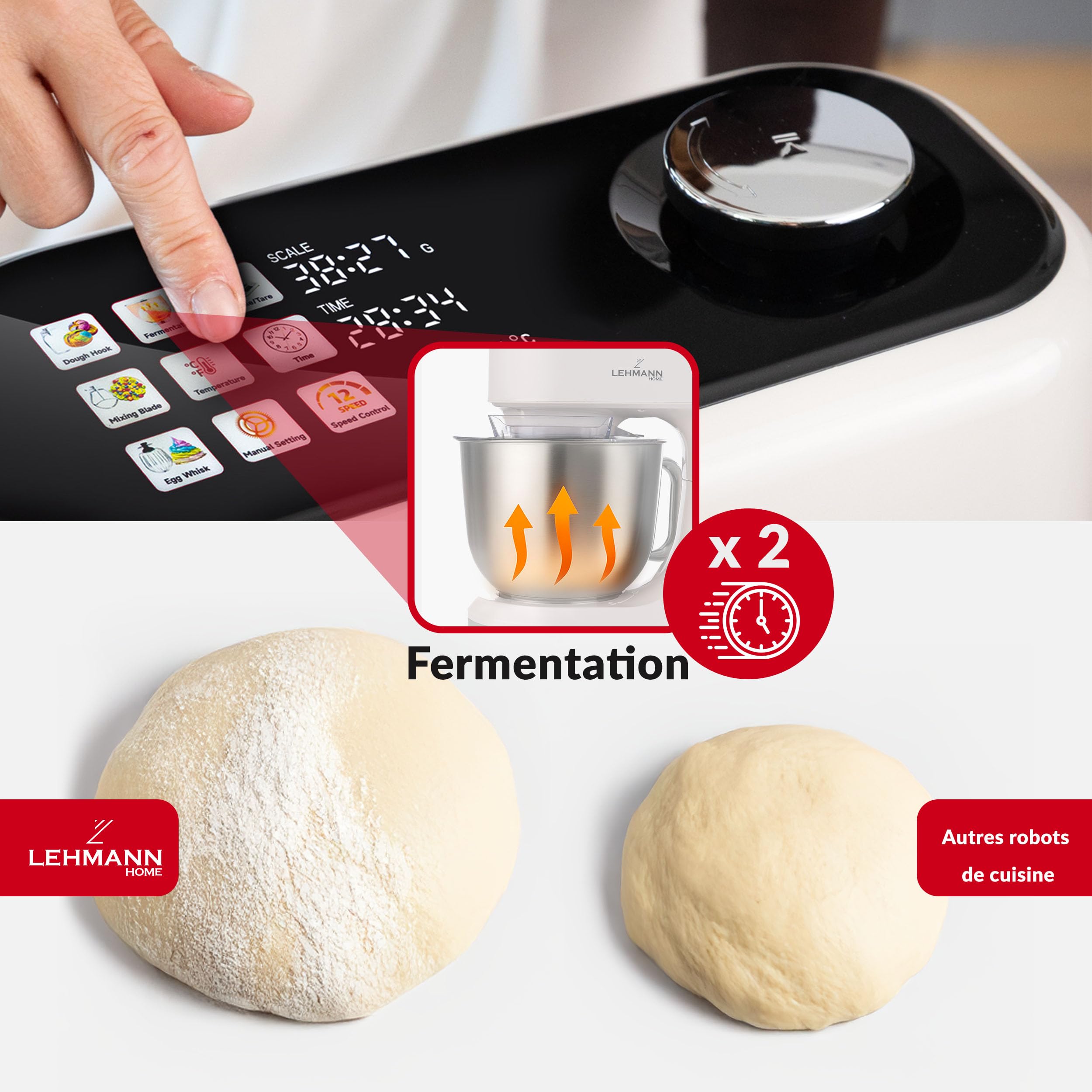 LEHMANN Robot Pâtissier avec Écran, 1500W, Bol Mélangeur 5L avec Fonction Fermentation et Chauffage, Balance Intégrée, 12 Vitesses, Minuterie, 3 Mélangeurs - Fouet, Batteur, Crochet, Beige