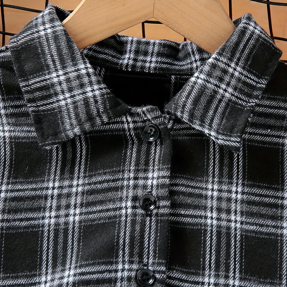 Conjunto de 2 piezas para niñas de otoño a cuadros, manga larga, con botones, camiseta corta y pantalones de camisola de 7 a 13 años