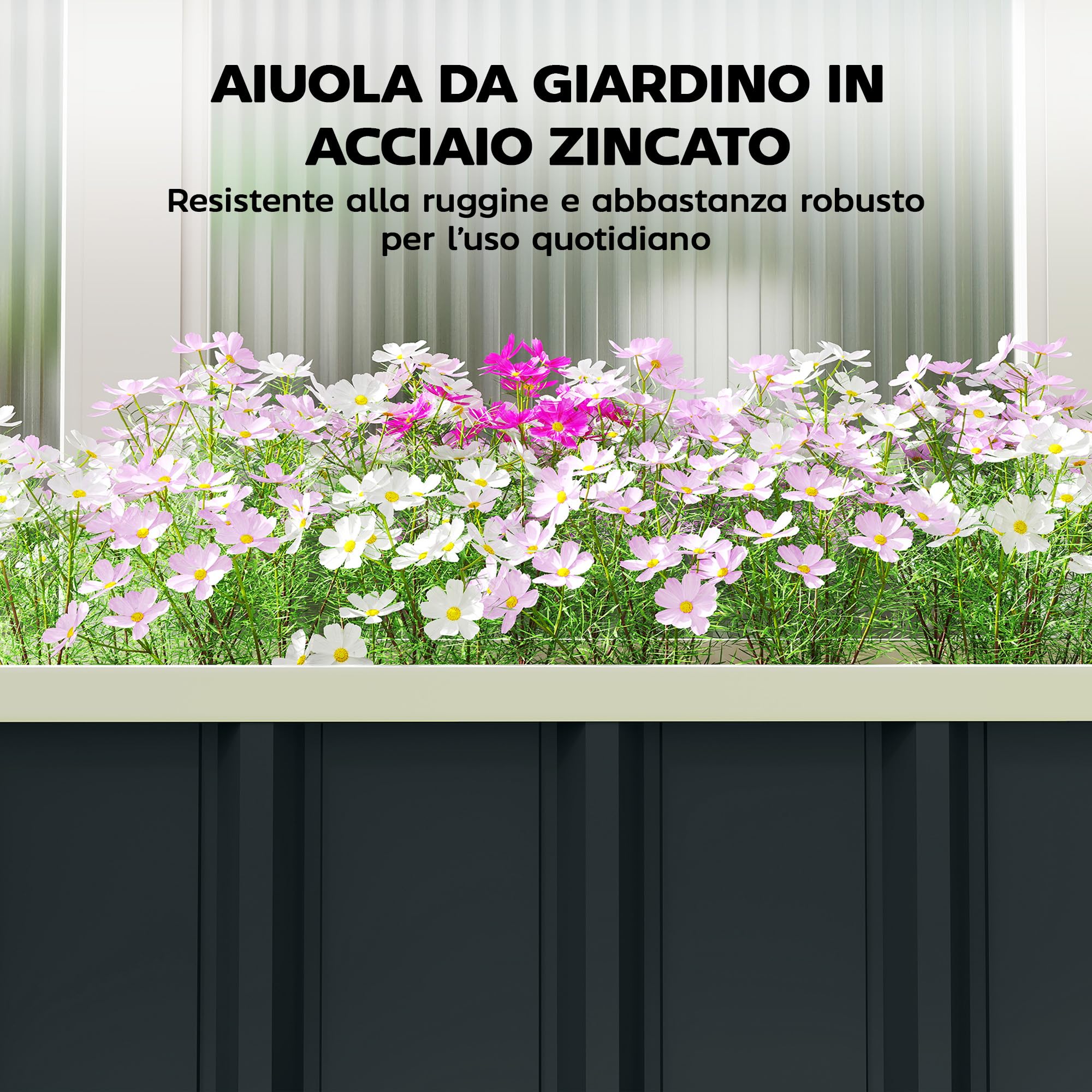 Outsunny Letto per Orto Rialzato da Esterno con Fondo Aperto, Guanti, Bordi Piegati, Fioriera da Esterno in Acciaio Zincato, per Piante, Fiori, Verdure Balcone Giardino, 136x52x31 cm, Grigio Scuro