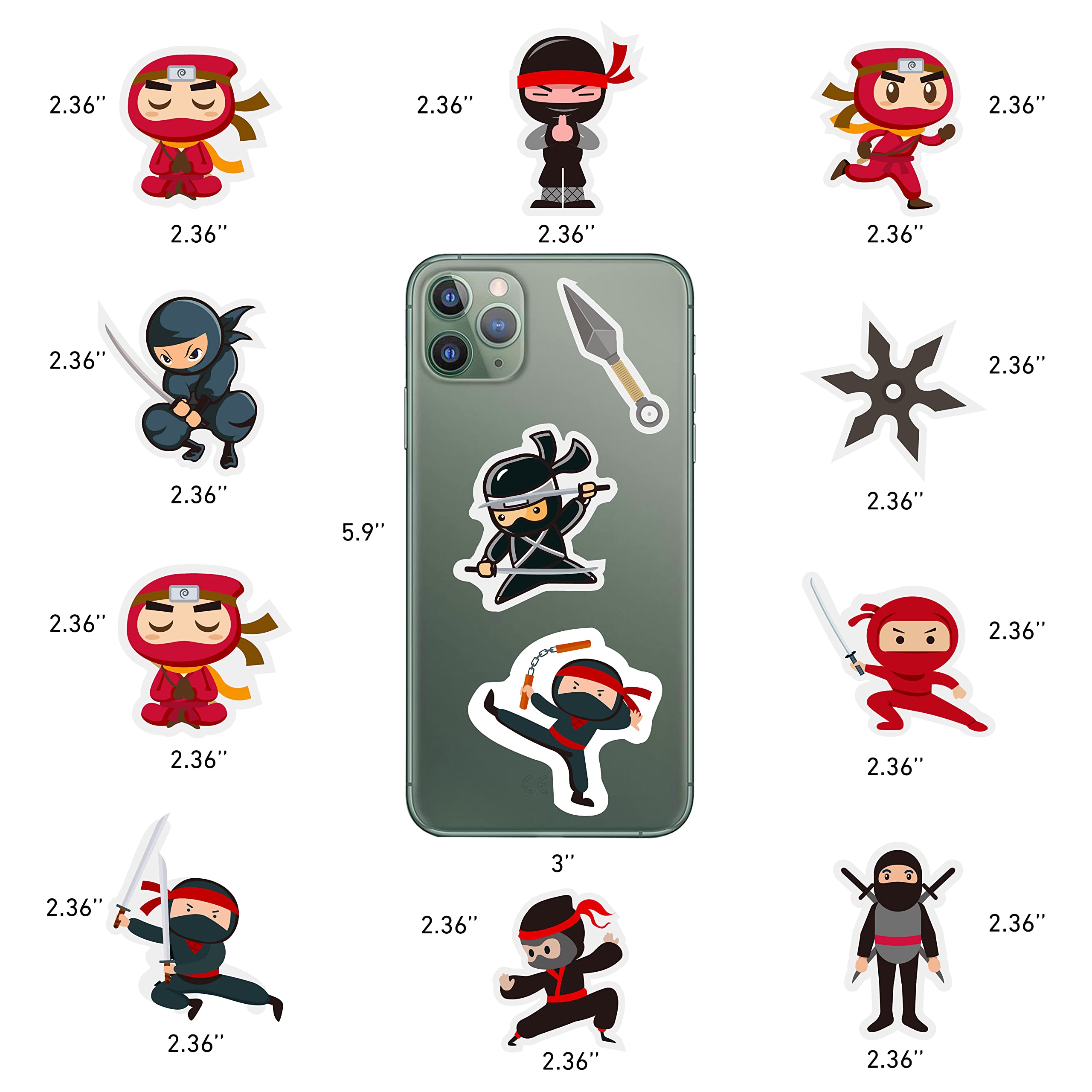 100 Adesivi Ninja Per Bambini, Impermeabili In Vinile, Dimensioni 5-6 Cm, Per Borracce, Laptop E Bomboniere