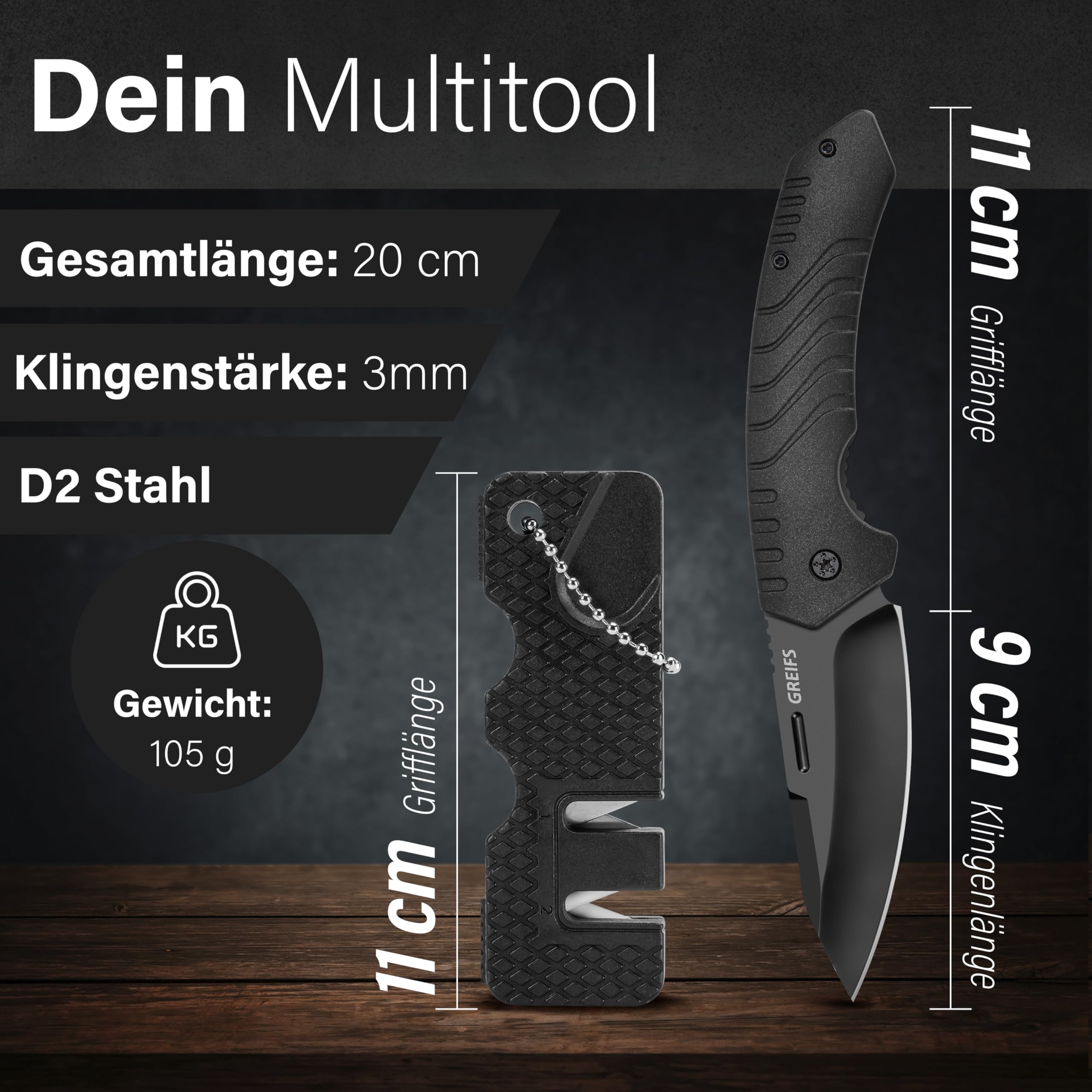 GREIFS® Klappmesser G1 (Zweihandmesser) Messer mit Tasche, Outdoor & Survival Taschenmesser, Überlebensmesser, Jagdmesser (G1+Messerschärfer, Black)