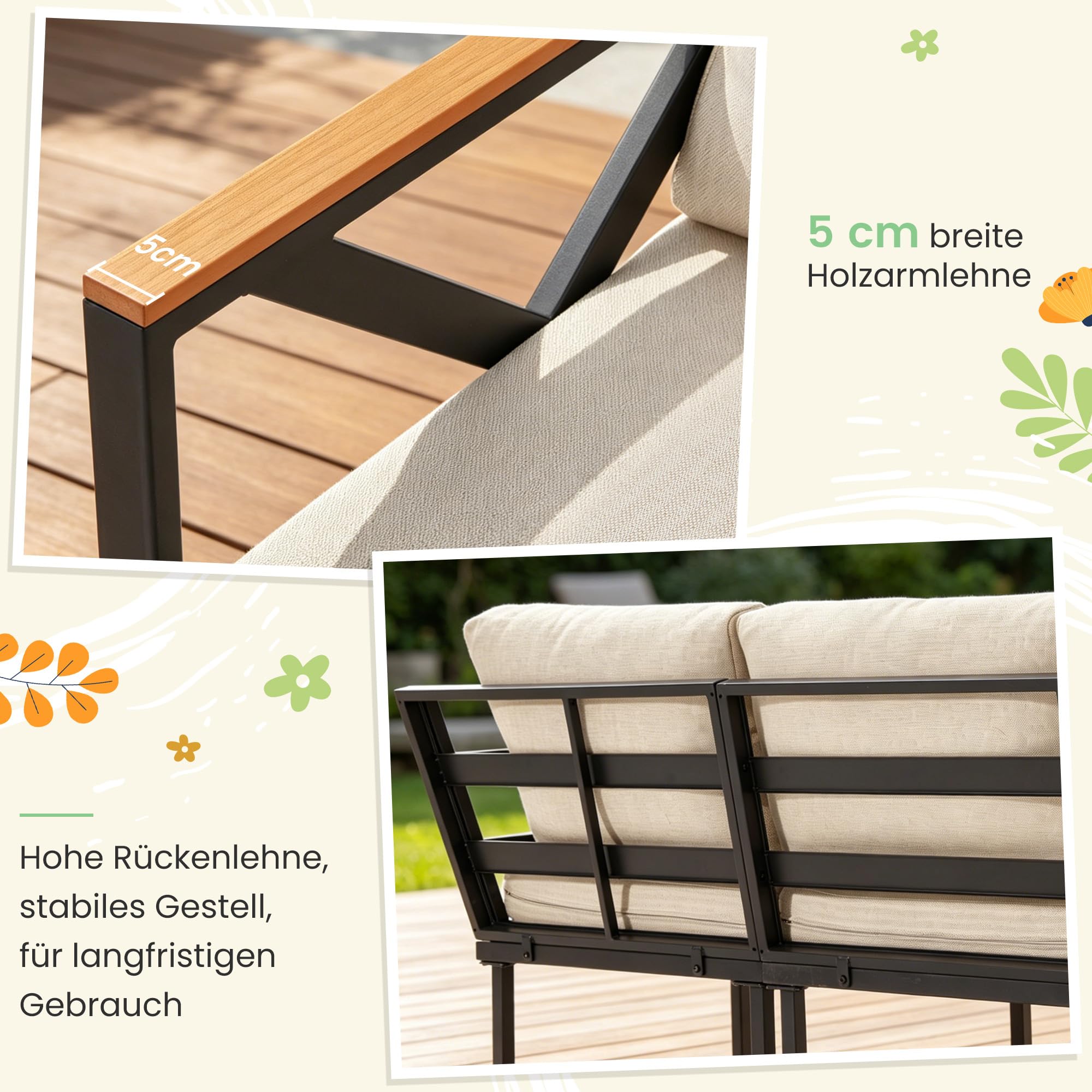Metal Gartenmöbel Set,6-Teiliges,L-Form Outdoor Sofa mit Couchtisch und 10cm Olefin-Schaumstoffkissen,Wetterfest Lounge für Garten,Terrasse,Pool,Unterhaltungssets bis 6 Personen,Beige