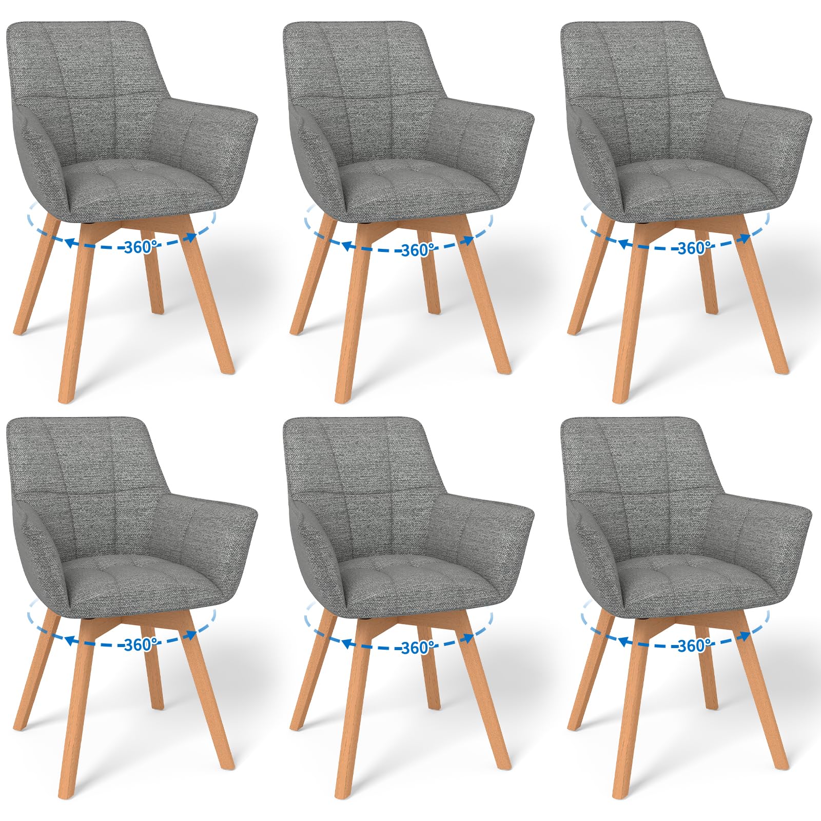 WAFTING 4er Set Drehbare Esszimmerstühle, 360° Drehstuhl mit Armlehnen Holzbeinen, Samtstoff Polsterstuhl für Esszimmer, Wohnzimmer, Küche, Schlafzimmer, Hellgrau