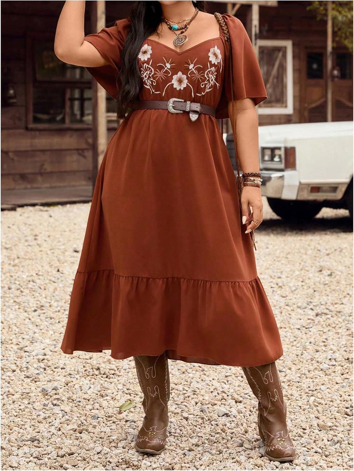 Women's Plus Size Western Cowgirl Dresses Flowy Boho Maxi Dress Floral Embroidered Ruffle Short Sleeve Country Outfit - Image 4