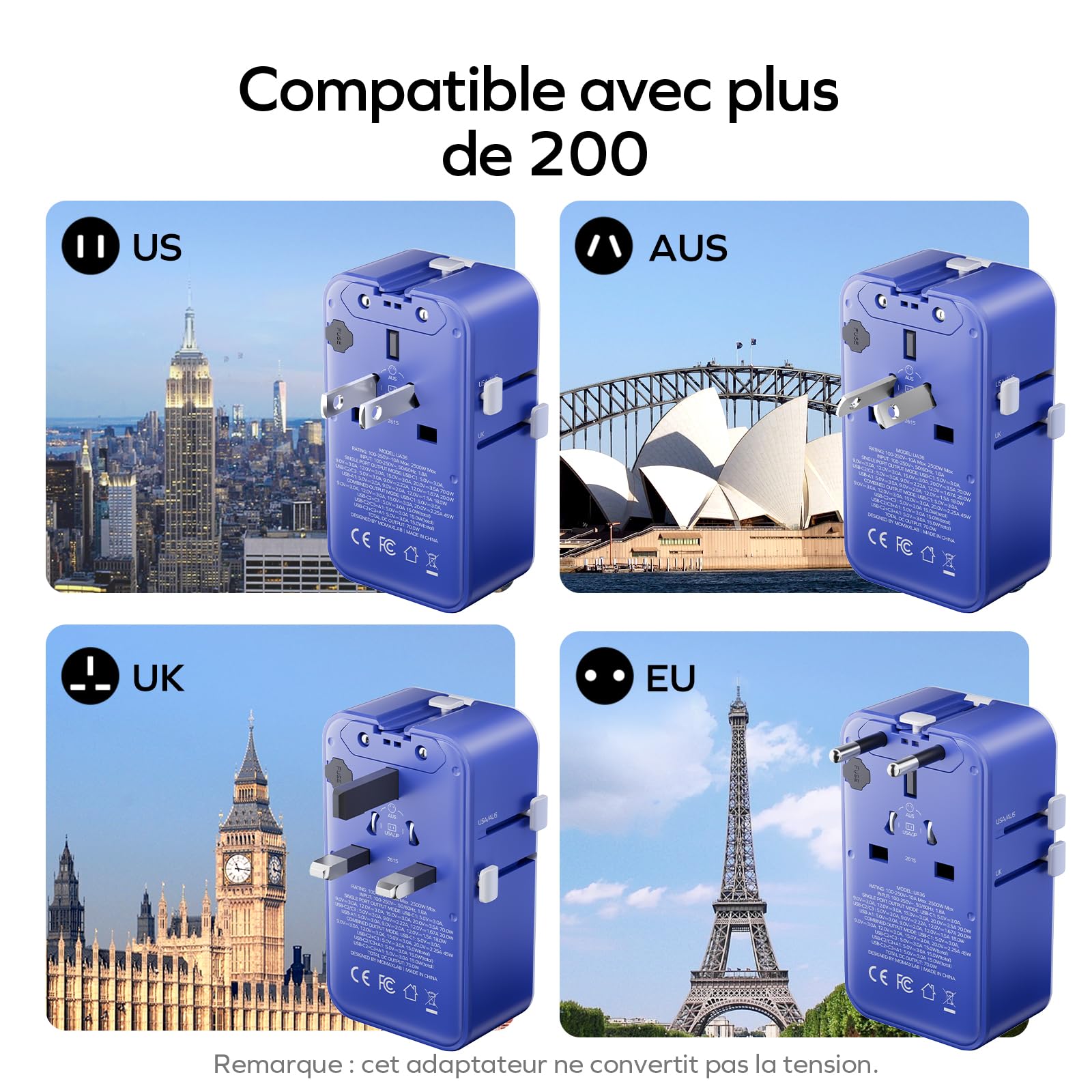 MOMAX Adaptateur Prise Universelle GaN 70 W, Adaptateur Voyage Fin avec 3 USB C et 1 USB A, Adaptateur Universel de Voyage France vers Anglaise UK Irlande USA Canada Australie Chine Japon Thaïlande