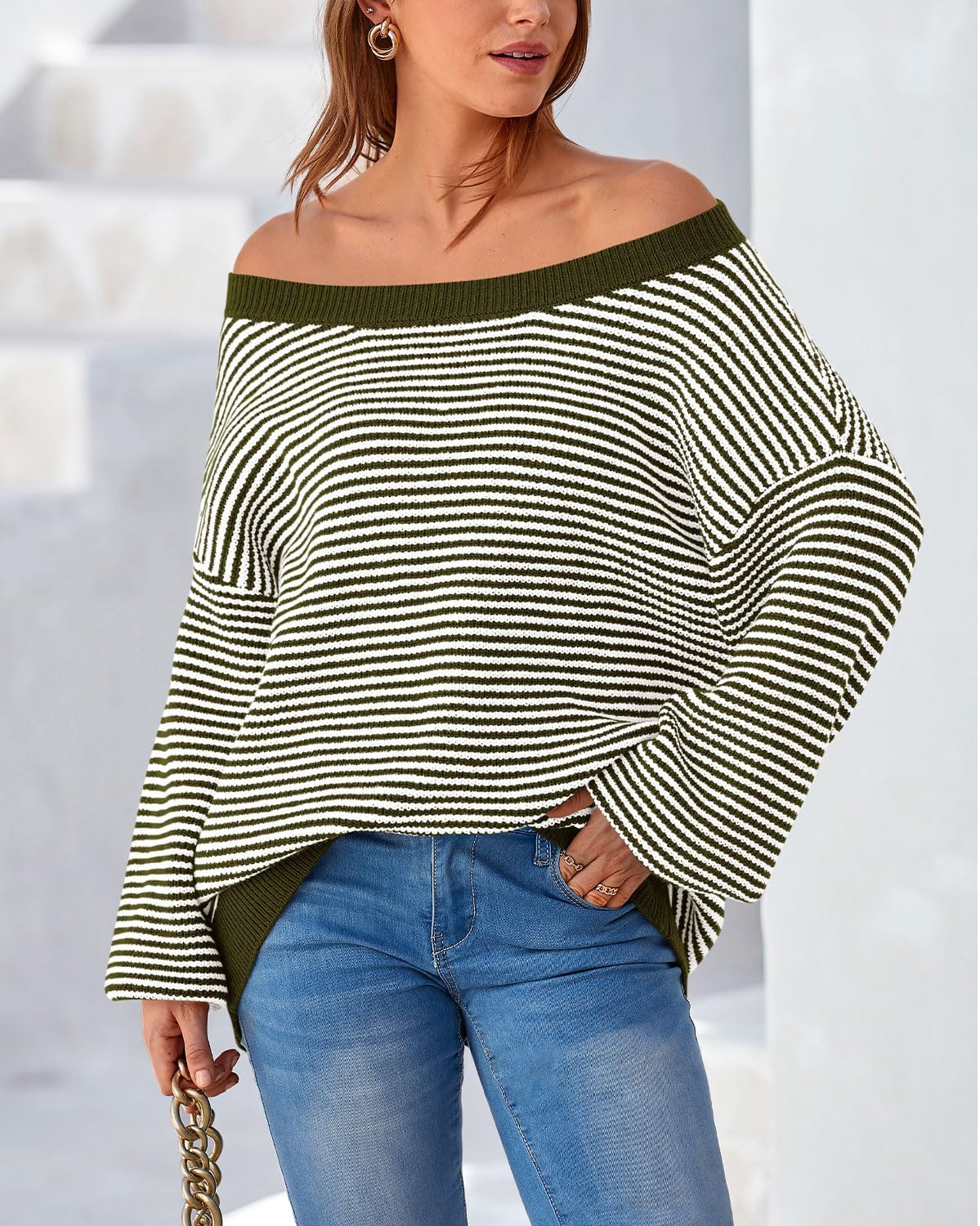 Zenlonr Womens Off The Shoulder Sweater 2025 Fall Winter Long Sleeve Striped Sweater Oversized Knitted Pullover Tops - Image 4