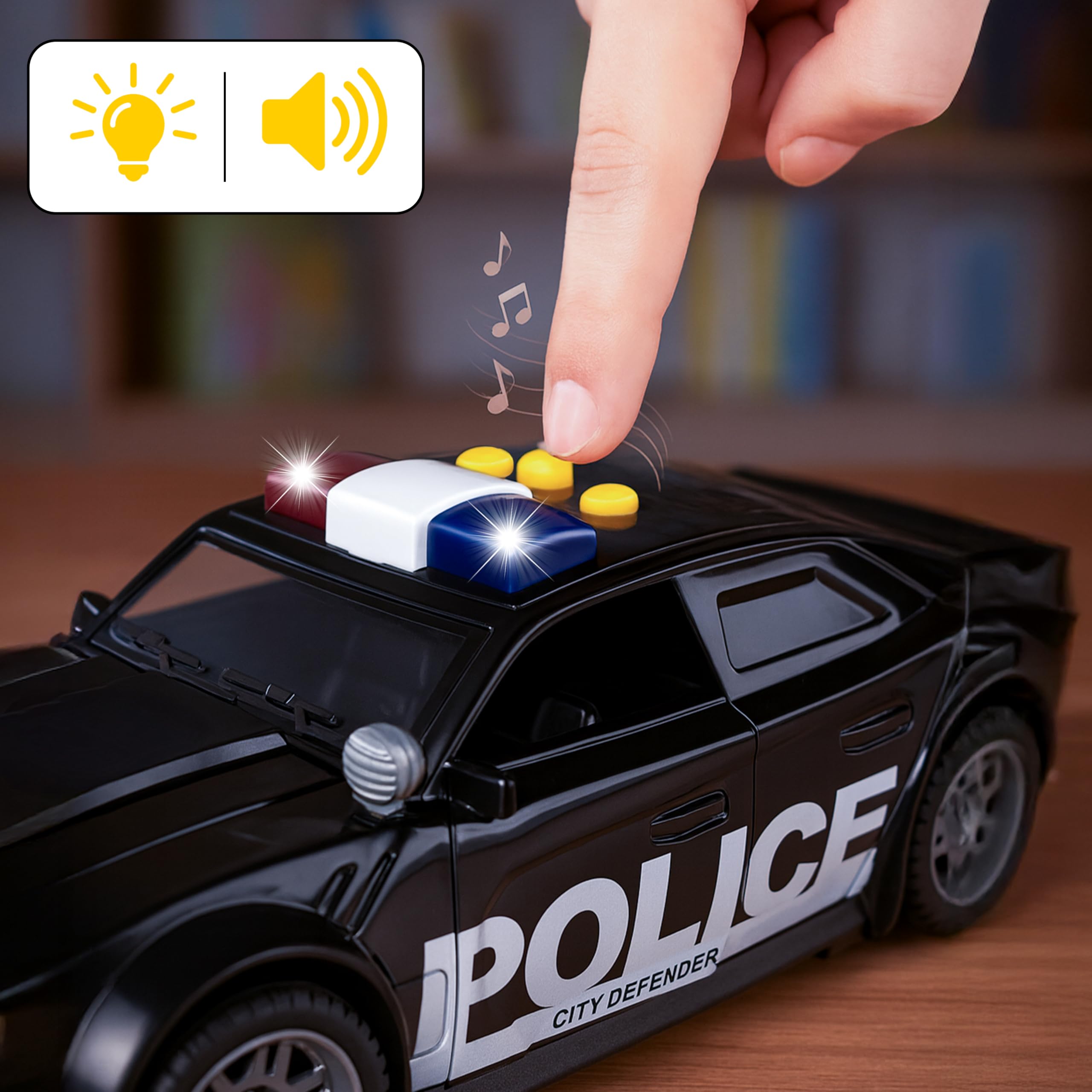 CELMAN Coche de policía con Sirena y luz Intermitente City Defender, Escala 1:16, Coche de Juguete Grande para niños 3 4 5 6 7 8 años