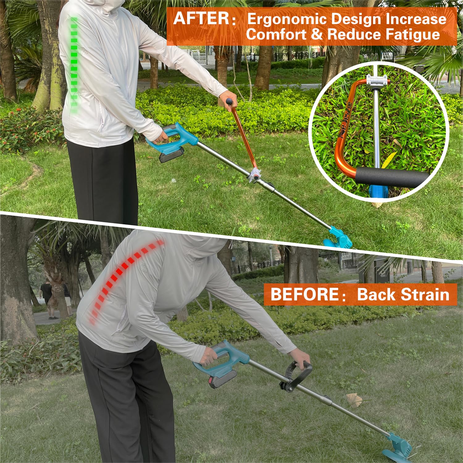 NeJesZoe Mango ergonómico para desbrozadora de hierbas, mango ergonómico para recortadora de césped con abrazadera de soporte para recortadora de cuerdas, cuidado del césped, paisajismo (naranja)