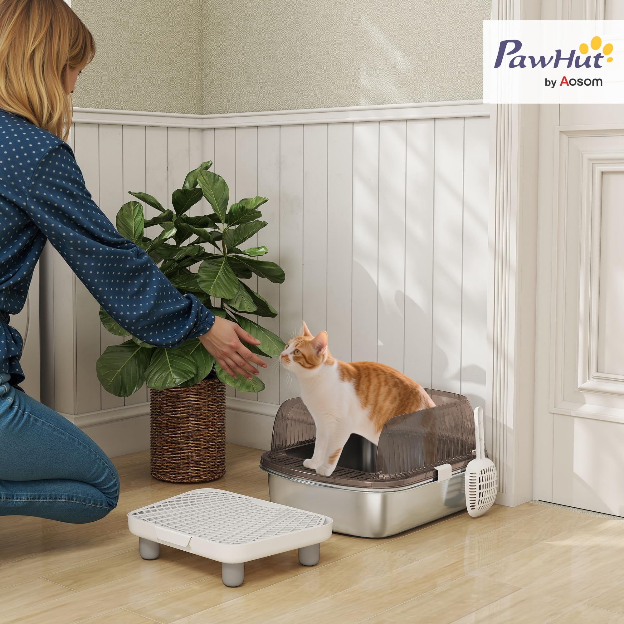 PawHut Arenero para Gatos Cubierto Extragrande Peldaño Pala Gris | Bandeja de Acero Inoxidable, Caja de Arena Cerrado, Bordes Altos, Zona para Caída de Arena, sin Olor, Fácil Limpieza