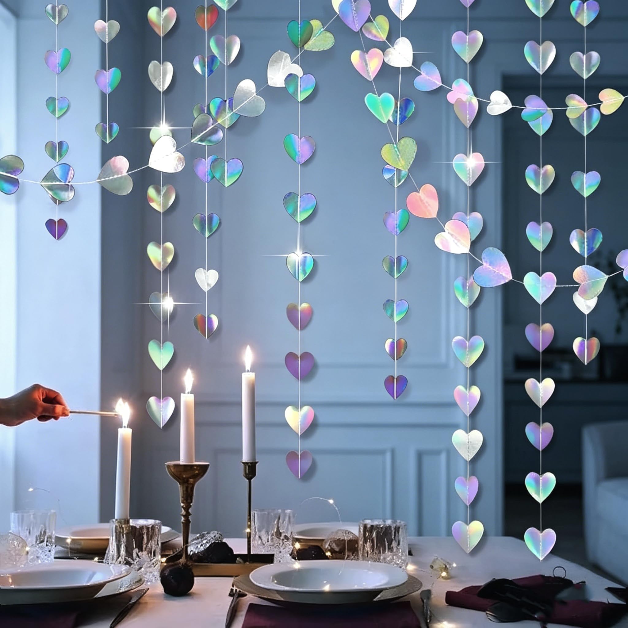 6 ghirlande a forma di cuore iridescente, ghirlanda di San Valentino per la festa della mamma | 6 ghirlande di carta da 2 m con 108 cuori iridescenti, pronte da appendere per matrimoni, feste e celebrazioni.