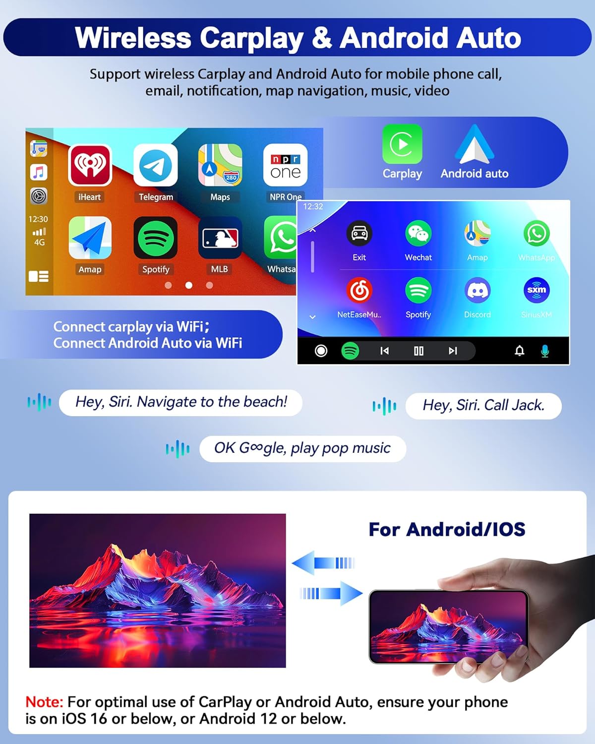 Screenshots demonstrating wireless CarPlay and Android Auto interfaces on the car stereo, showing various app icons and voice command examples like 'Hey Siri, Navigate to the beach!'