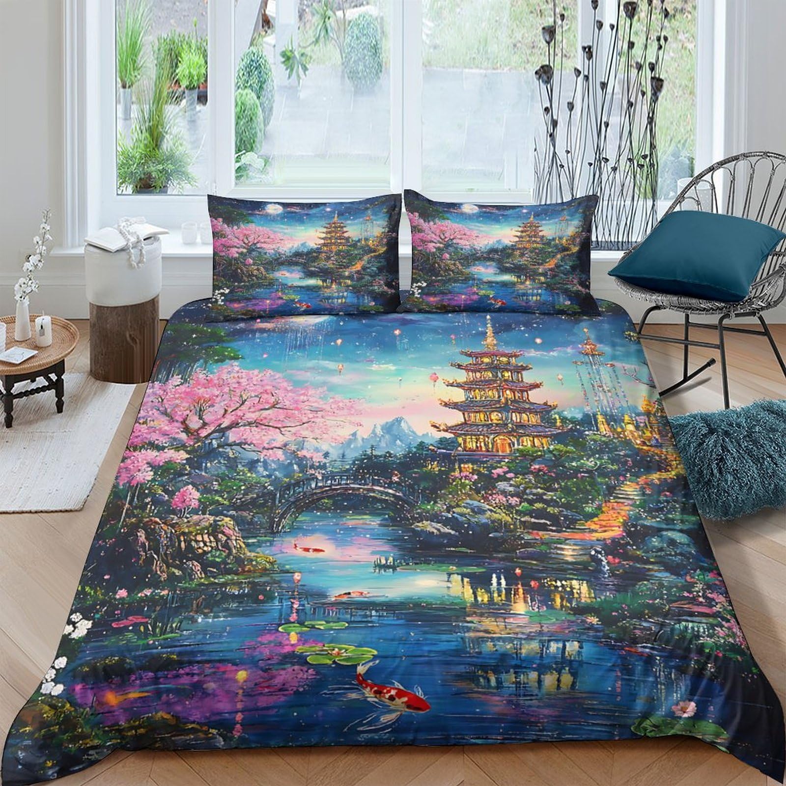 Ctjqhvkz Style-7 3D Printed Japanese Pagoda Fitted Sheet Microfiber Soft Breathable Sakura Lake Mattress Cover For Bedroom Dorm Decor Single（135X200cm）