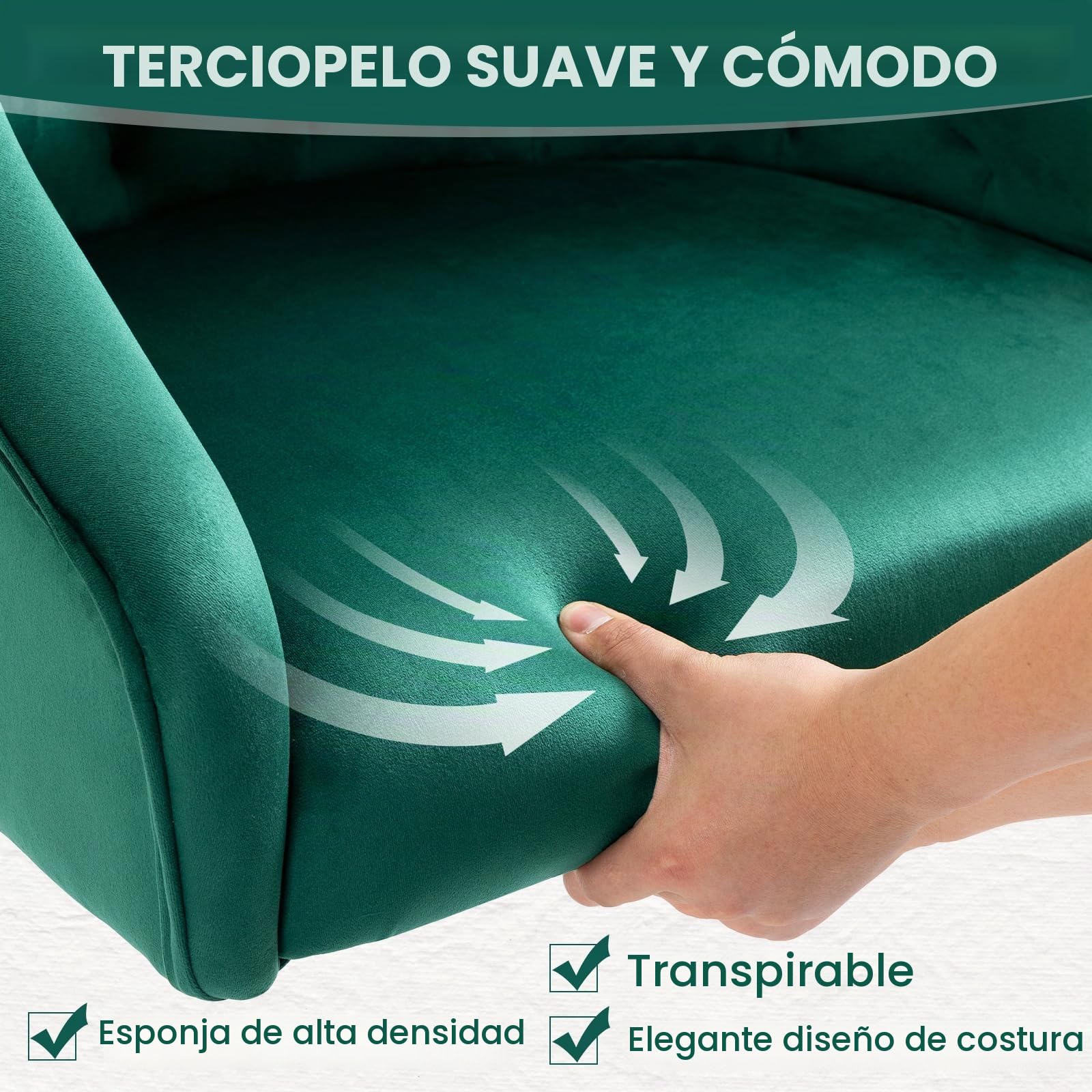 Silla Escritorio, Silla tocador con Ruedas, Altura Regulable y cojín Grueso, Patas Doradas, Ideal para Oficina y tocador, Terciopelo Verde