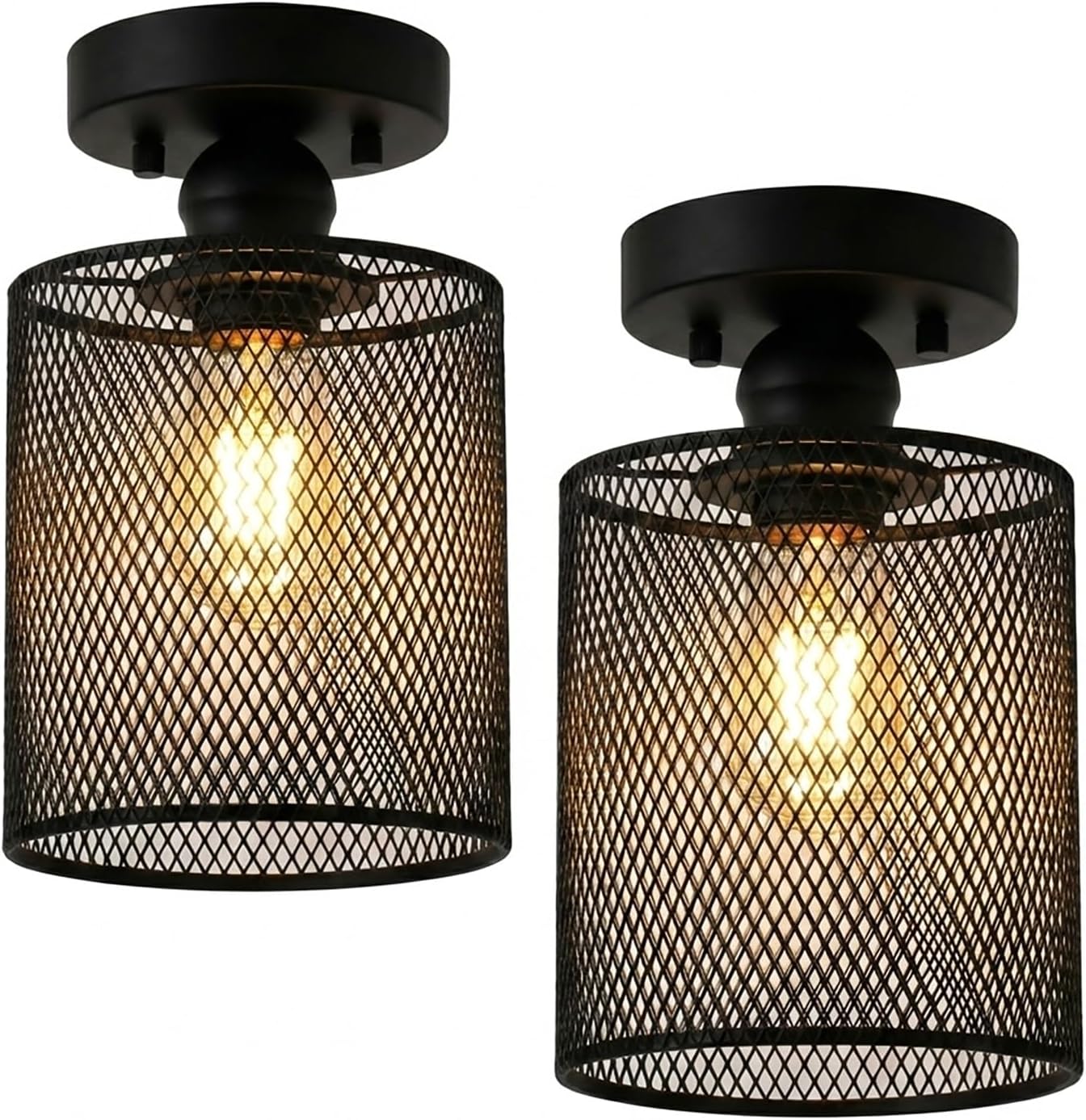 2-Pack Semi Flush Mount Ceiling Light Fixtures, Industrial Black Metal Cage Farmhouse Light Fixtures Ceiling, Rustic Close to Ceiling Lamp for Kitchen Hallway Entryway Laundry Room Corridor, No Bulb