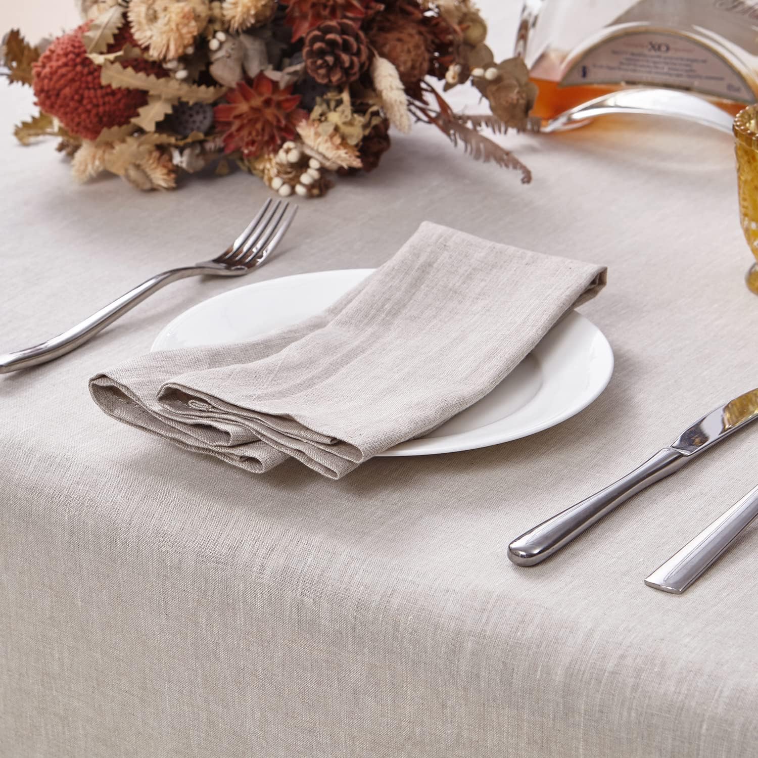 DAPU Pure Linen Tablecloth 100% French Natural Linen for Kitchen Dinning Tabletop (Rectangle/Oblong, Natural Linen, 60×84 Inch)