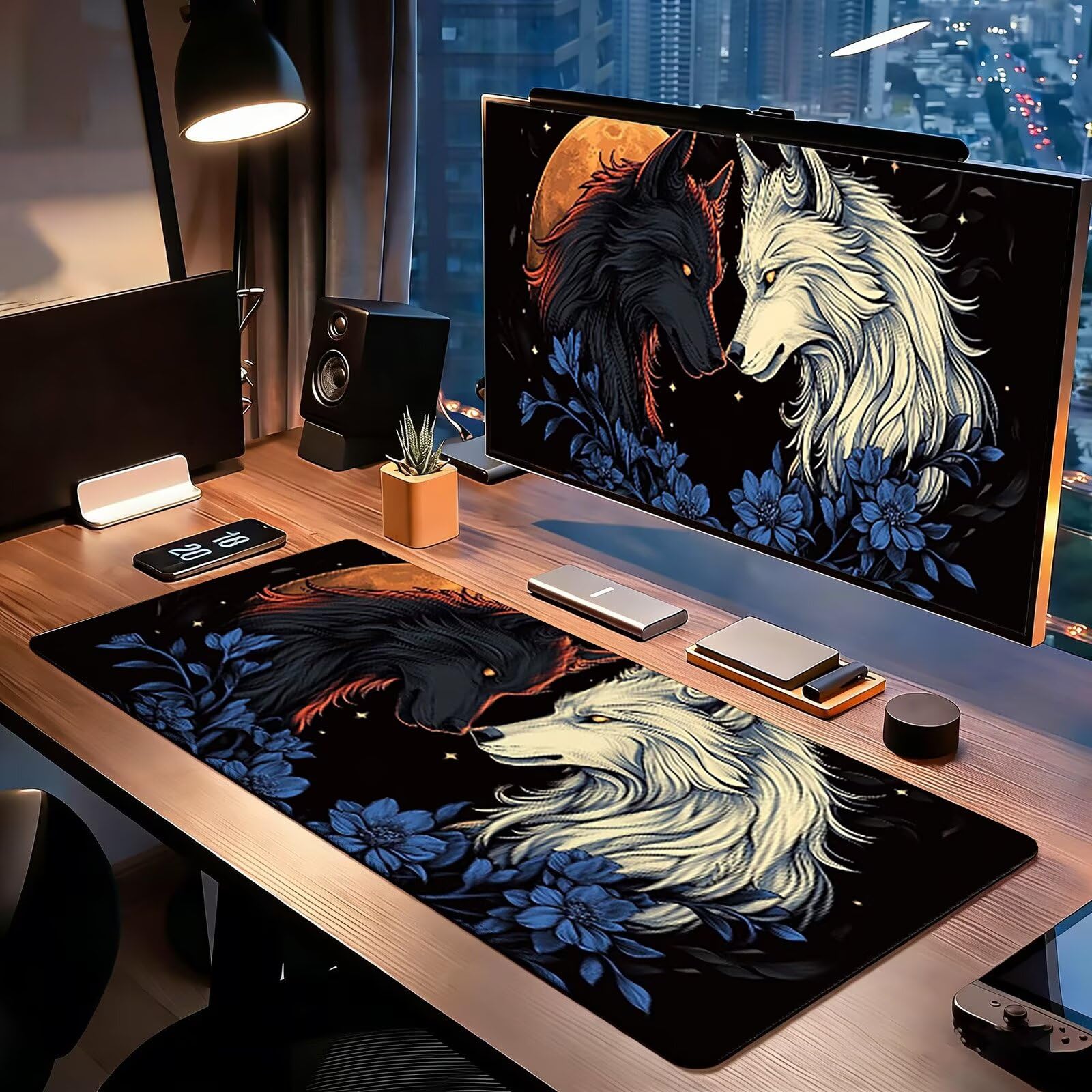 Tappetino Mouse Gaming, 1200x600mm Tappetino Mouse XXL bianco nero 0c0-260 | Mouse Pad Grande, Ottimizzato per i Sensori da Gioco, Migliora Precisione e Velocità, per Mac e PC, lupi