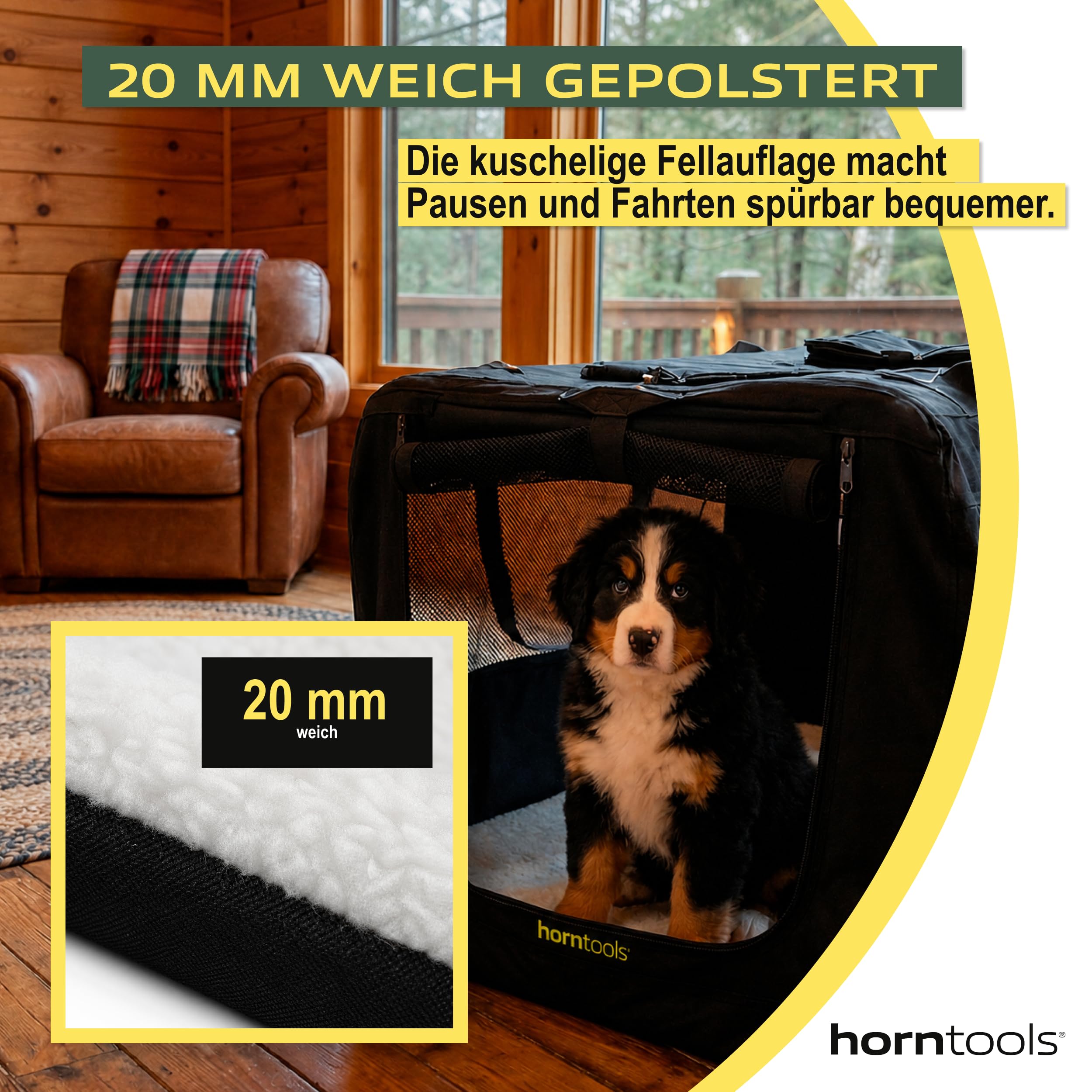 HORNTOOLS Faltbare Hundebox - Hundetransportbox mit Netzfenstern, Abnehmbarer Matte - Atmungsaktive Reisetasche für Hunde und Katzen - Transporttasche für Camping, Reisen & Zuhause - 74x53x52 cm