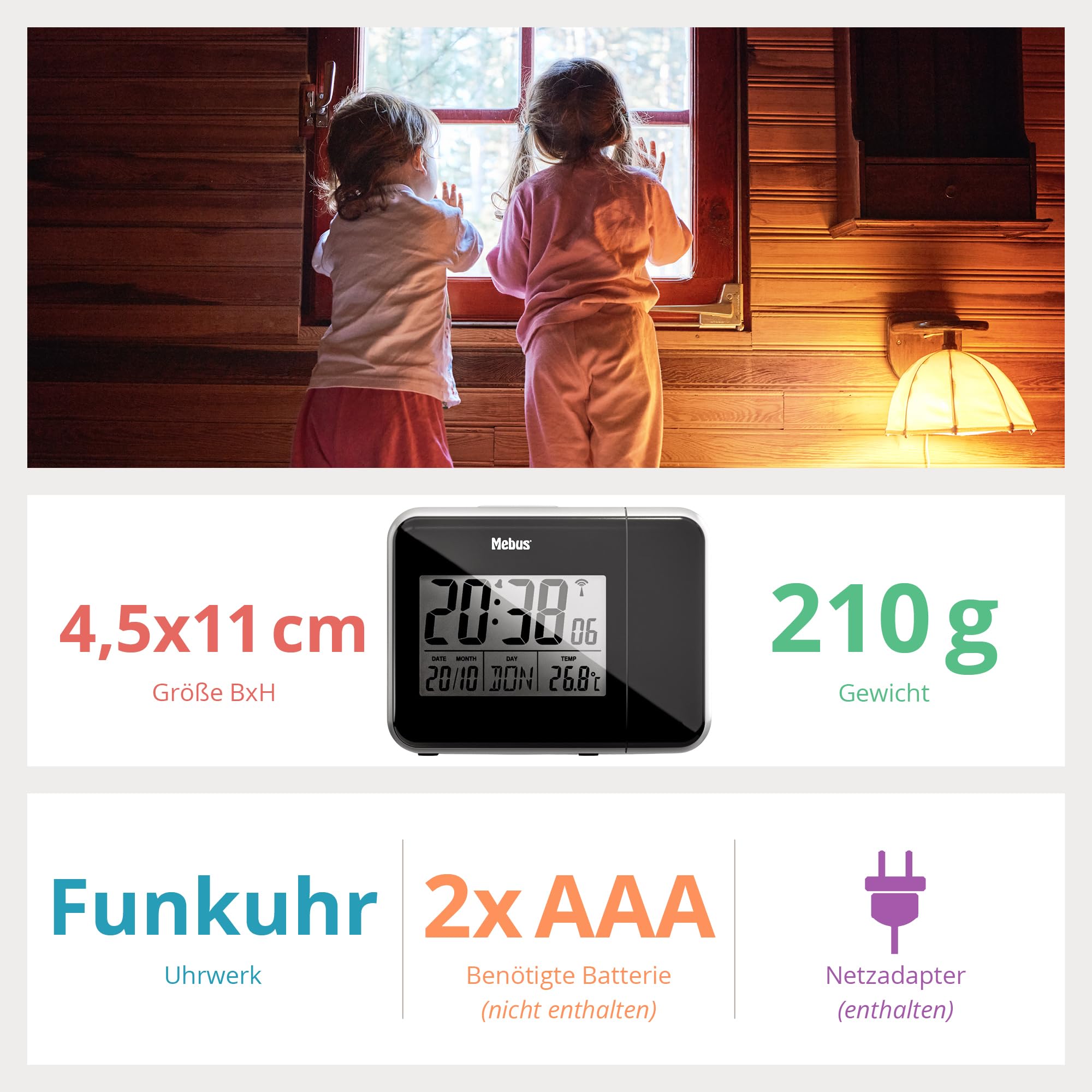 MEBUS digitaler Funkwecker mit Projektion der Uhrzeit an Decke Wand, INKL. Netzstecker, Batteriebetrieb Möglich, Dauerprojektion, schwenkbar, Thermometer/Farbe: Schwarz/Modell: 42425