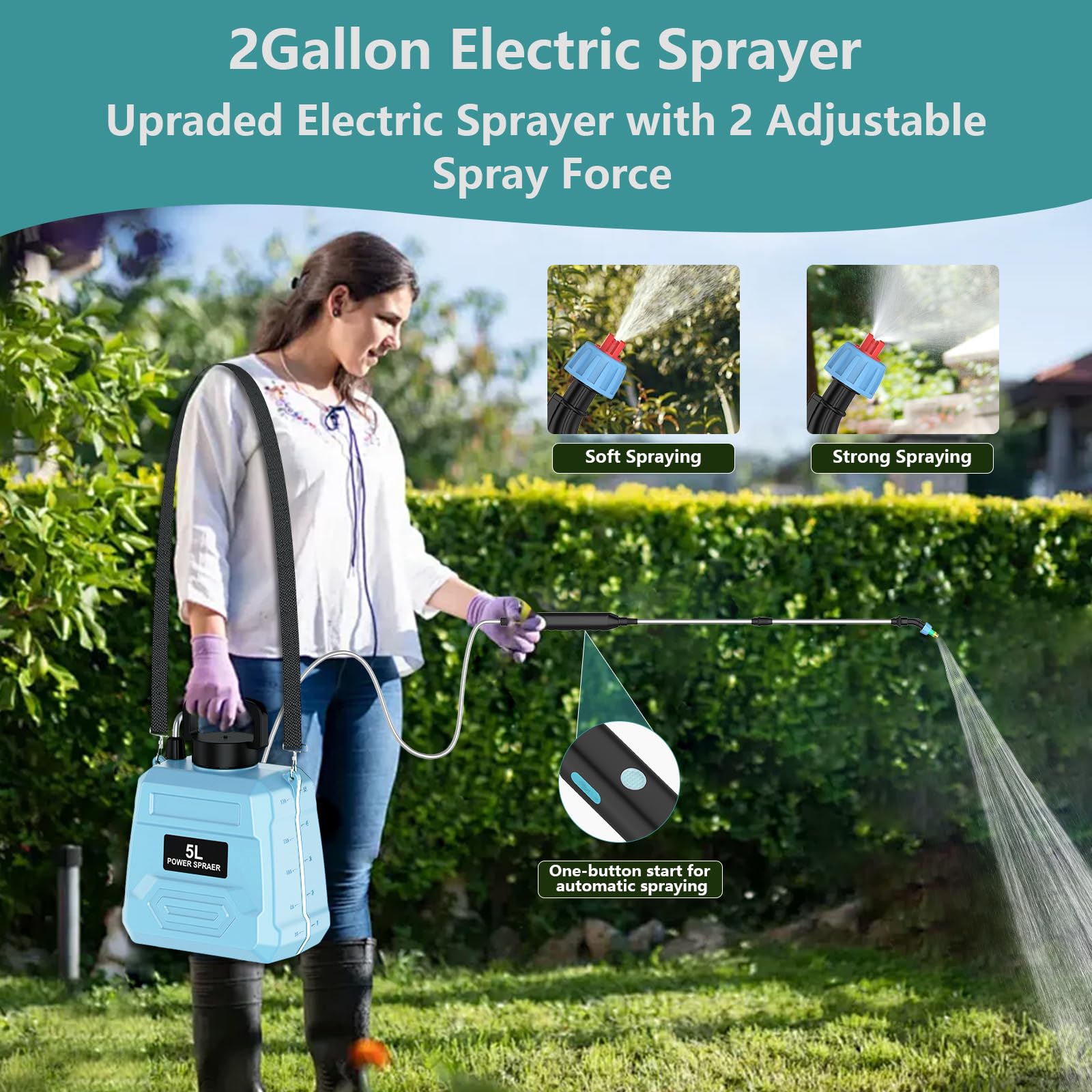 Pulvérisateur Électrique 5L Jardin, Batterie 1800mAh, 2 Vitesses, Perche Télescopique, 2 Buses, Sangle Confortable