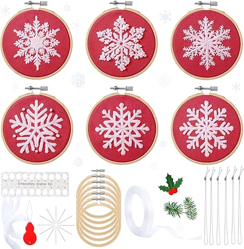 Juego de 6 juegos de bordado de invierno para principiantes, copos de nieve, cruz de Navidad, kit de punto de aguja con patrones, instrucciones,
