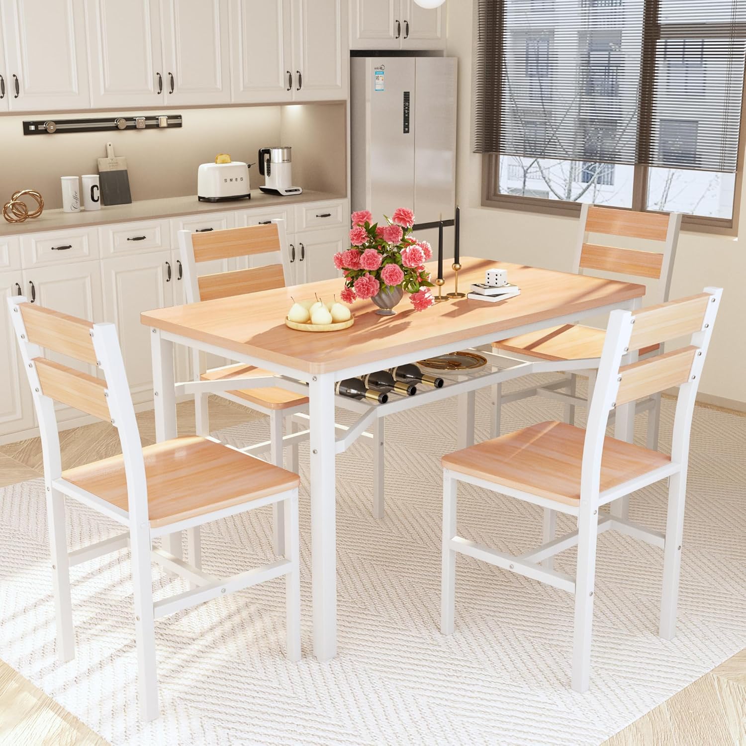 Hooseng Dining Table Set for 4, Wood Kitchen Table Chairs Set with Storage, Farmhouse 5 Piece Dining Room Table Set, Space-Saving Dinette Set for Breakfast Nook, Apartment