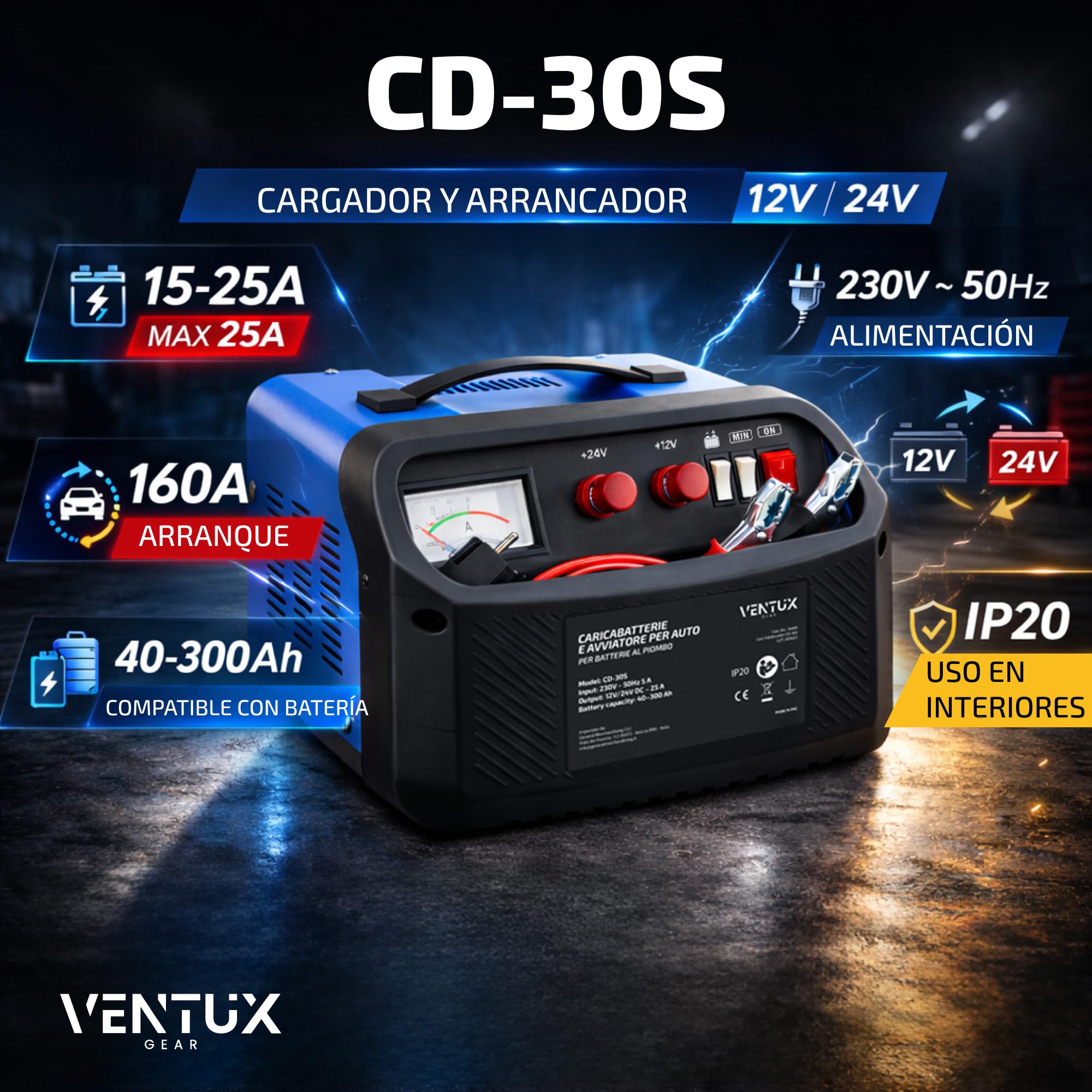 Cargador de Batería de Coche 12V/24V CD-30S – Función Arranque 160A/260A | Cargador Bateria Moto y Vehículos con Amperímetro | Cargador Bateria 12V Plomo con Protecciones de Seguridad