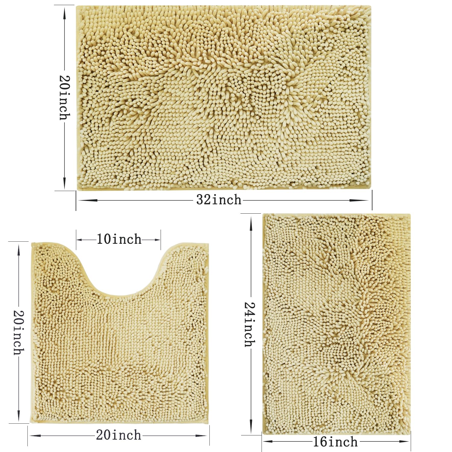 Lot de 3 tapis de salle de bain en chenille, très épais et absorbants, antidérapants, lavables en machine, séchage rapide, doux et confortable, utilisés sous la douche, baignoire et évier,