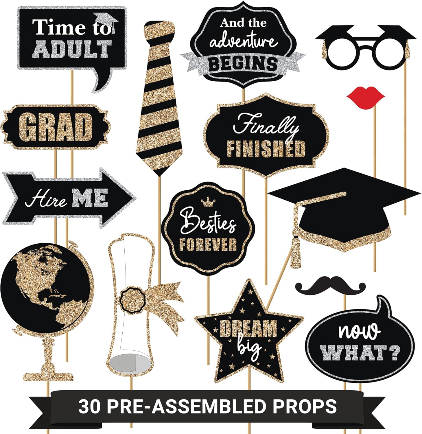 Fully Assembled Graduation Photo Booth Props - Set of 30 - Class of 2026 Graduation Selfie Signs - Congrats Grad Party Supplies & Decorations - with Real Gold & Silver Glitter - Did We Mention No DIY